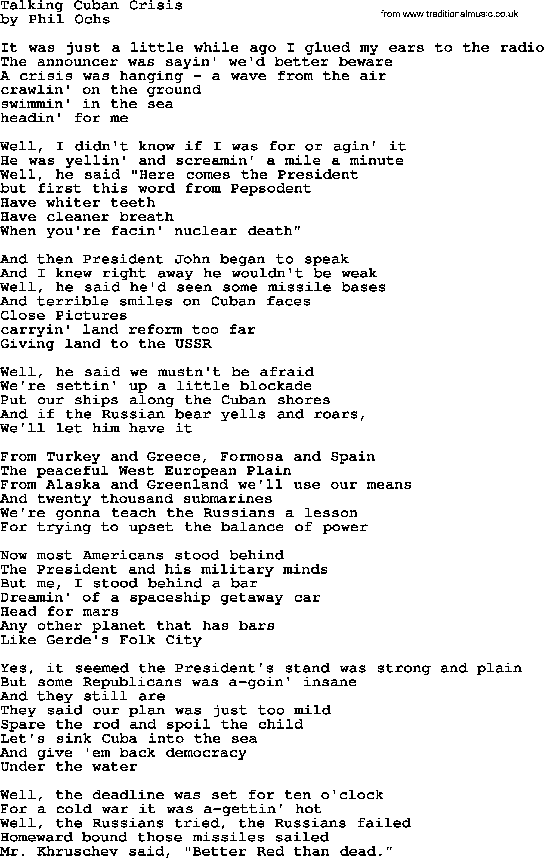 Phil Ochs song Talking Cuban Crisis, lyrics