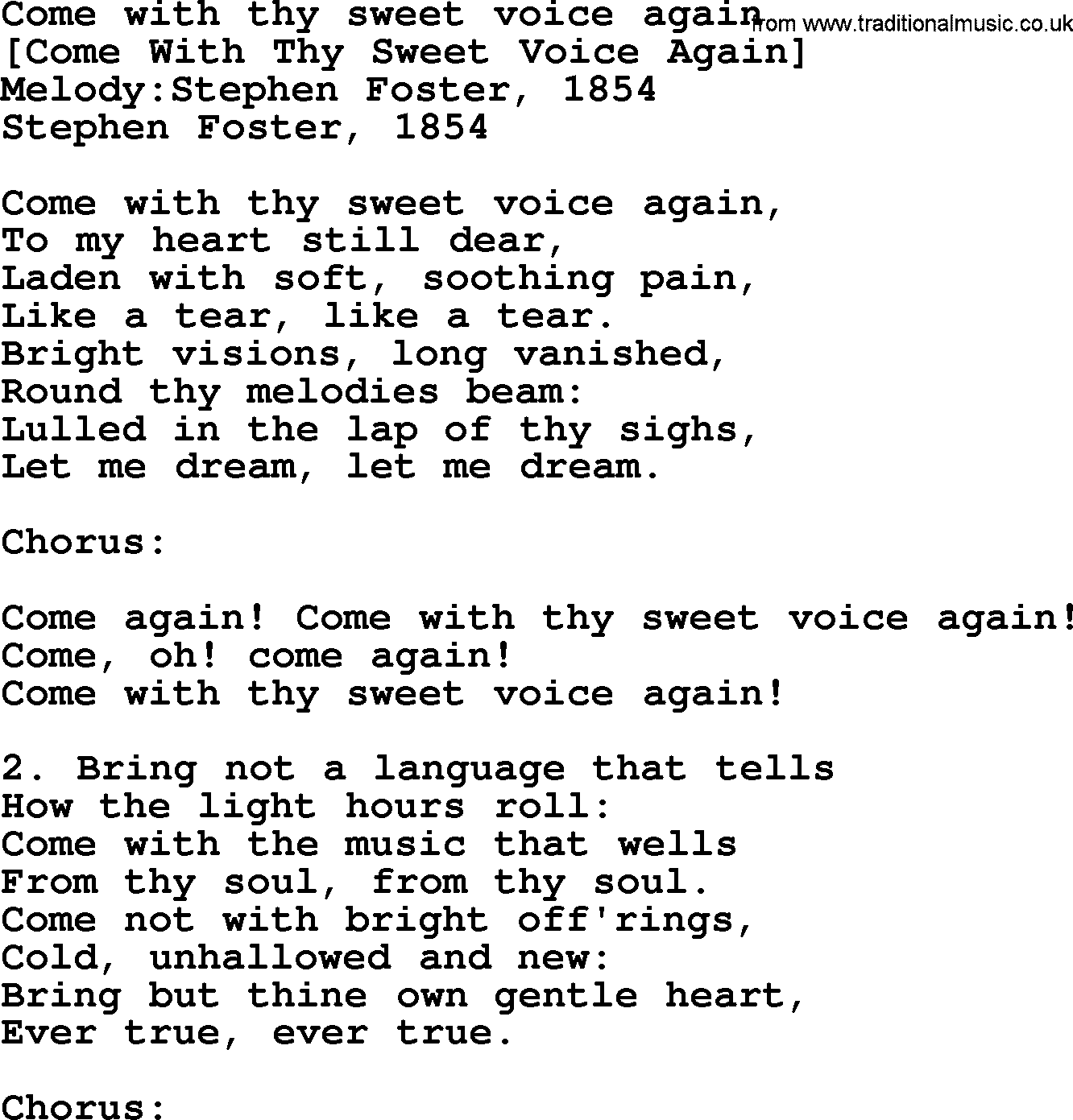 Old American Song - Lyrics for: Come With Thy Sweet Voice Again, with PDF