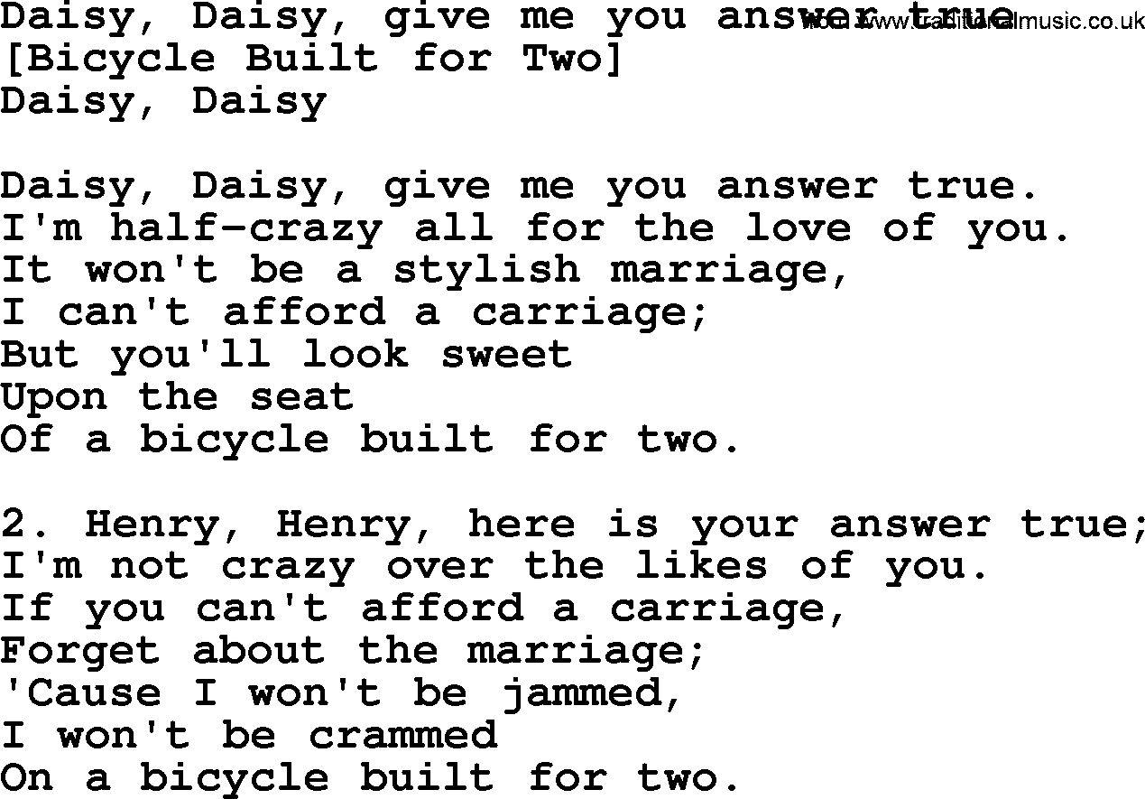 Old American Song - Lyrics for: Daisy, Daisy, Give Me You Answer