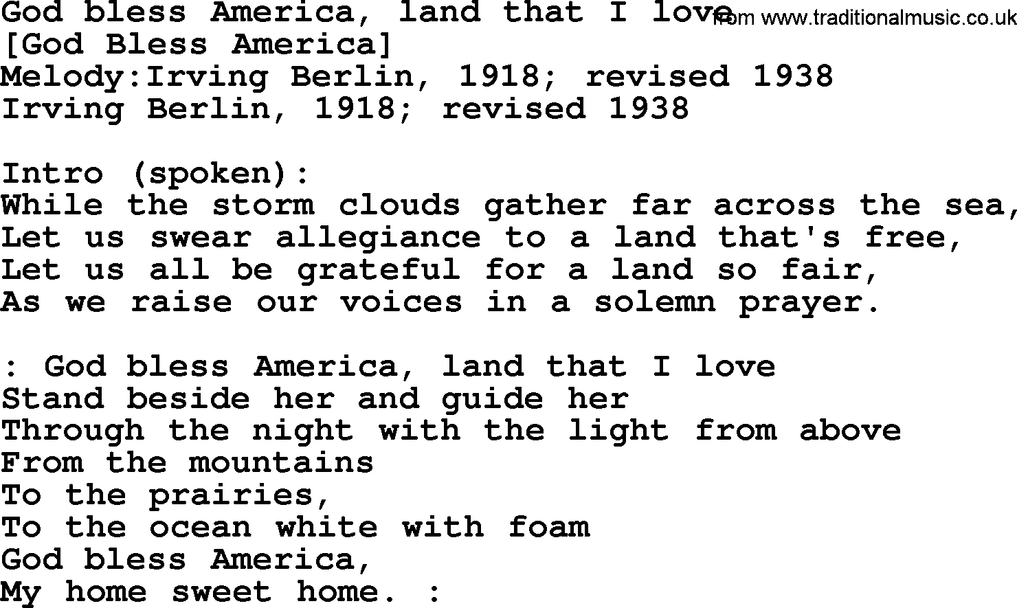 Old American Song Lyrics for God Bless America, Land That I Love