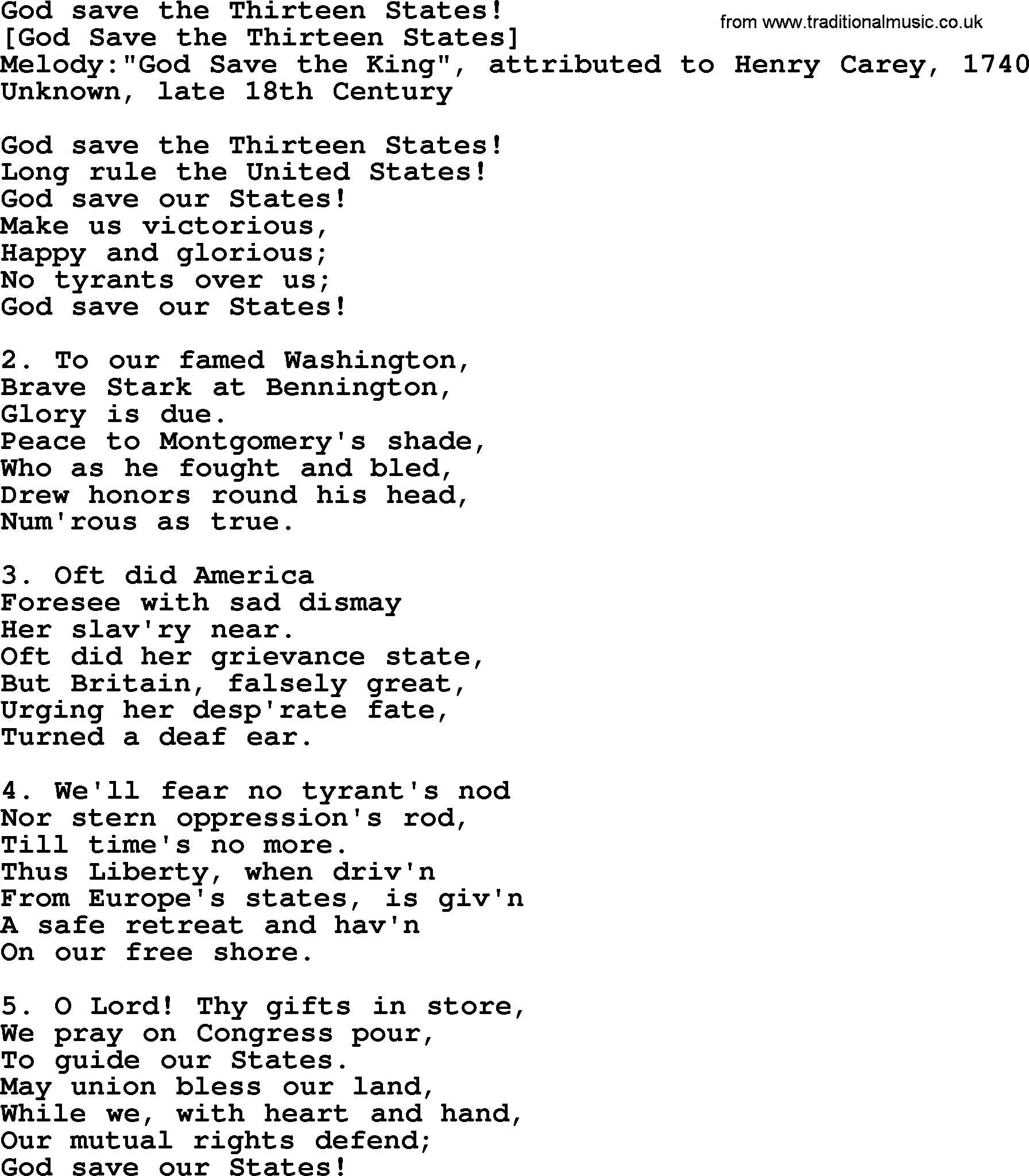 Old American Song Lyrics For God Save The Thirteen States With Pdf