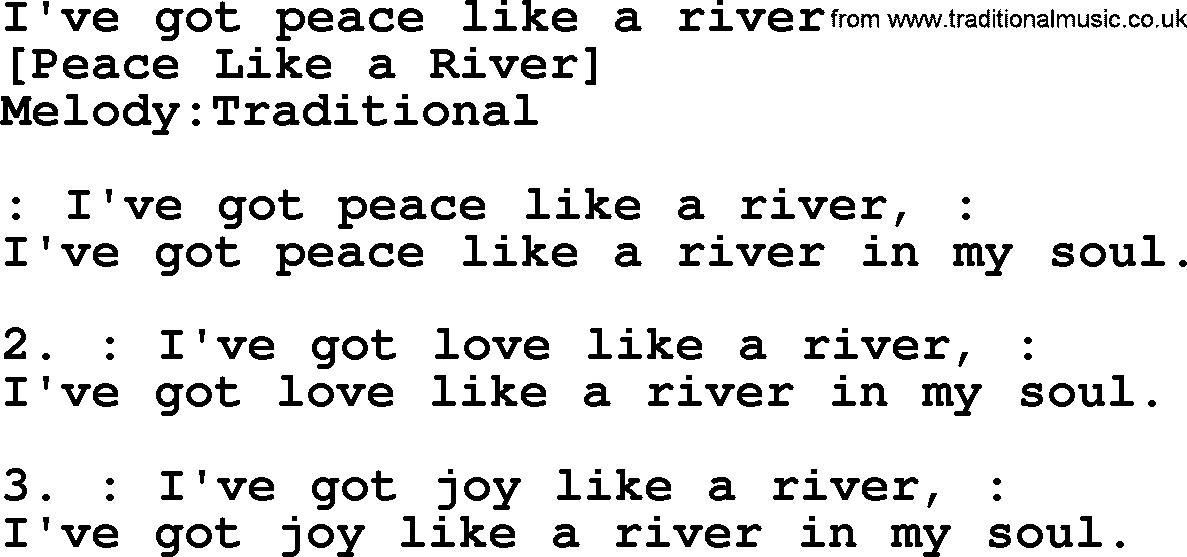 Old American Song - Lyrics for: I've Got Peace Like A River, with PDF