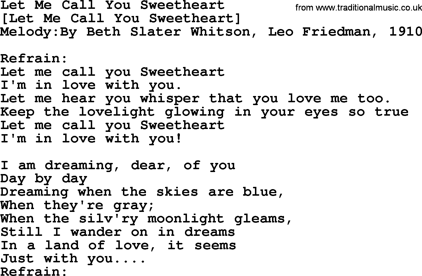 Old American Song Lyrics For Let Me Call You Sweetheart With Pdf 