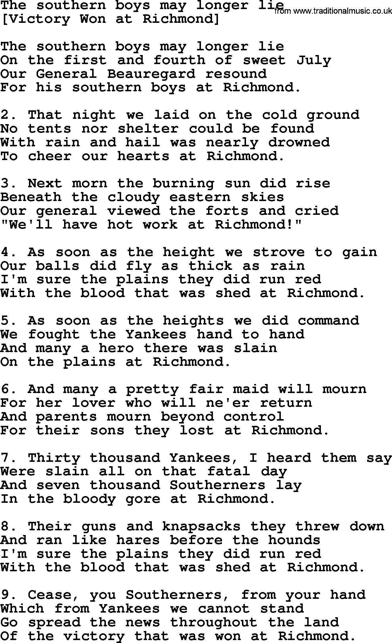 Old American Song - Lyrics for: The Southern Boys May Longer Lie, with PDF