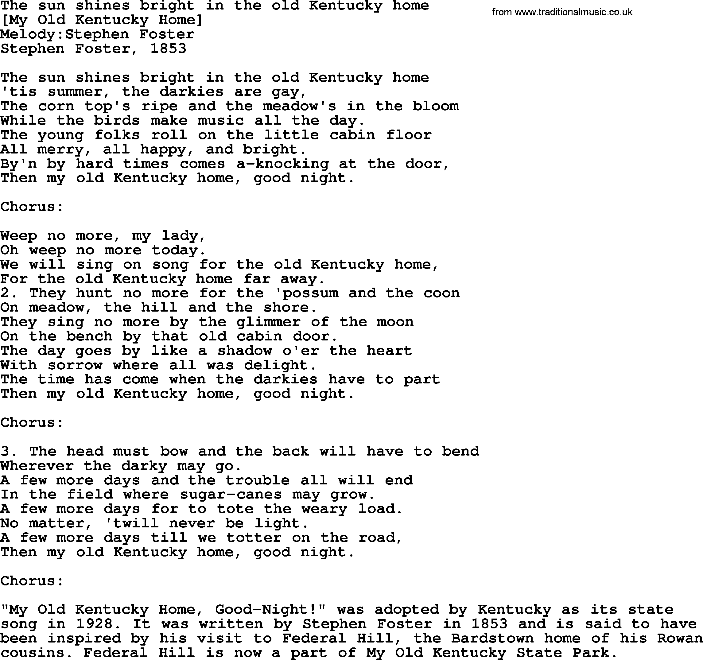 Old American Song Lyrics For The Sun Shines Bright In The Old Kentucky Home With Pdf 