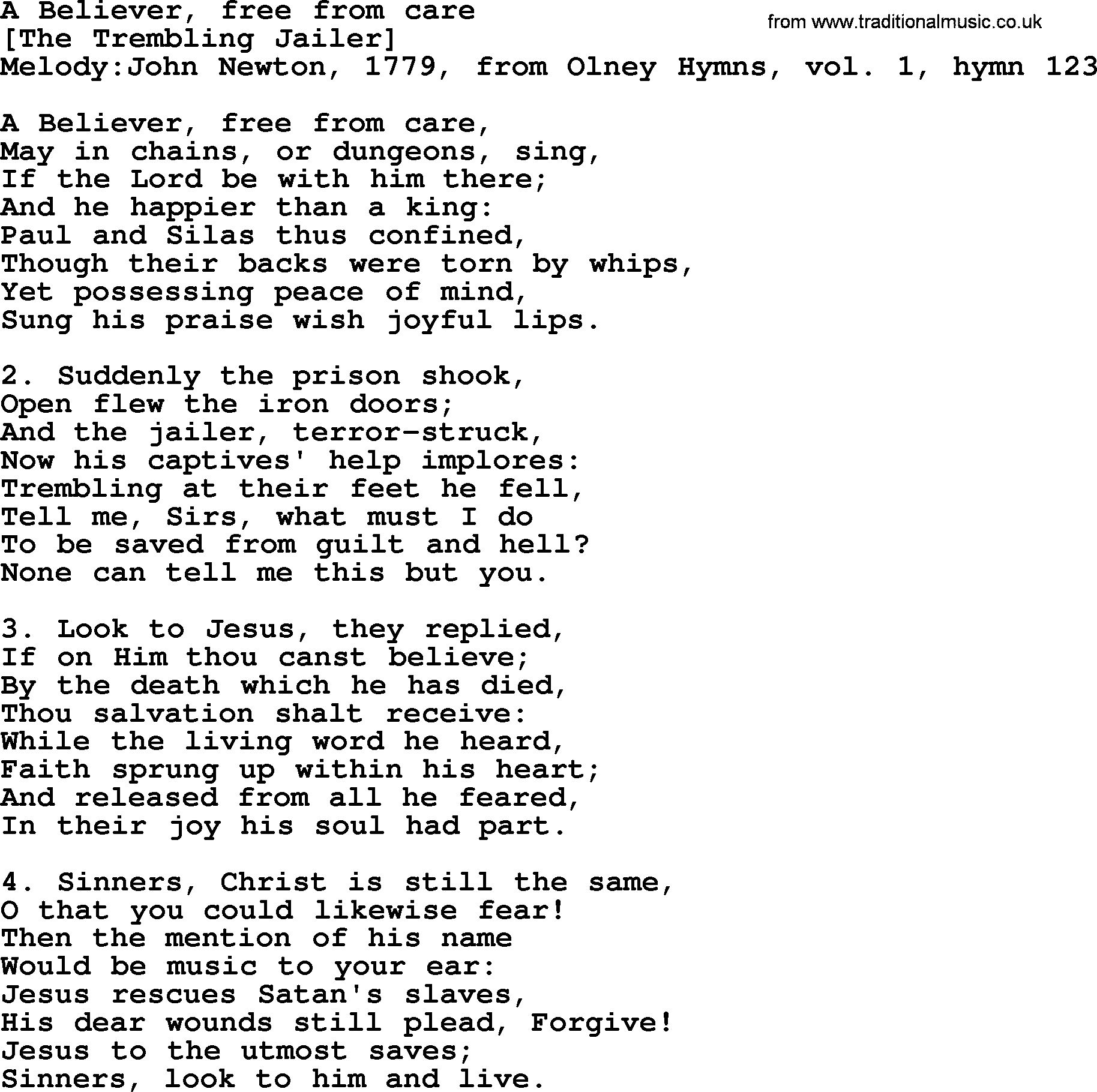 Old English Song: A Believer, Free From Care lyrics