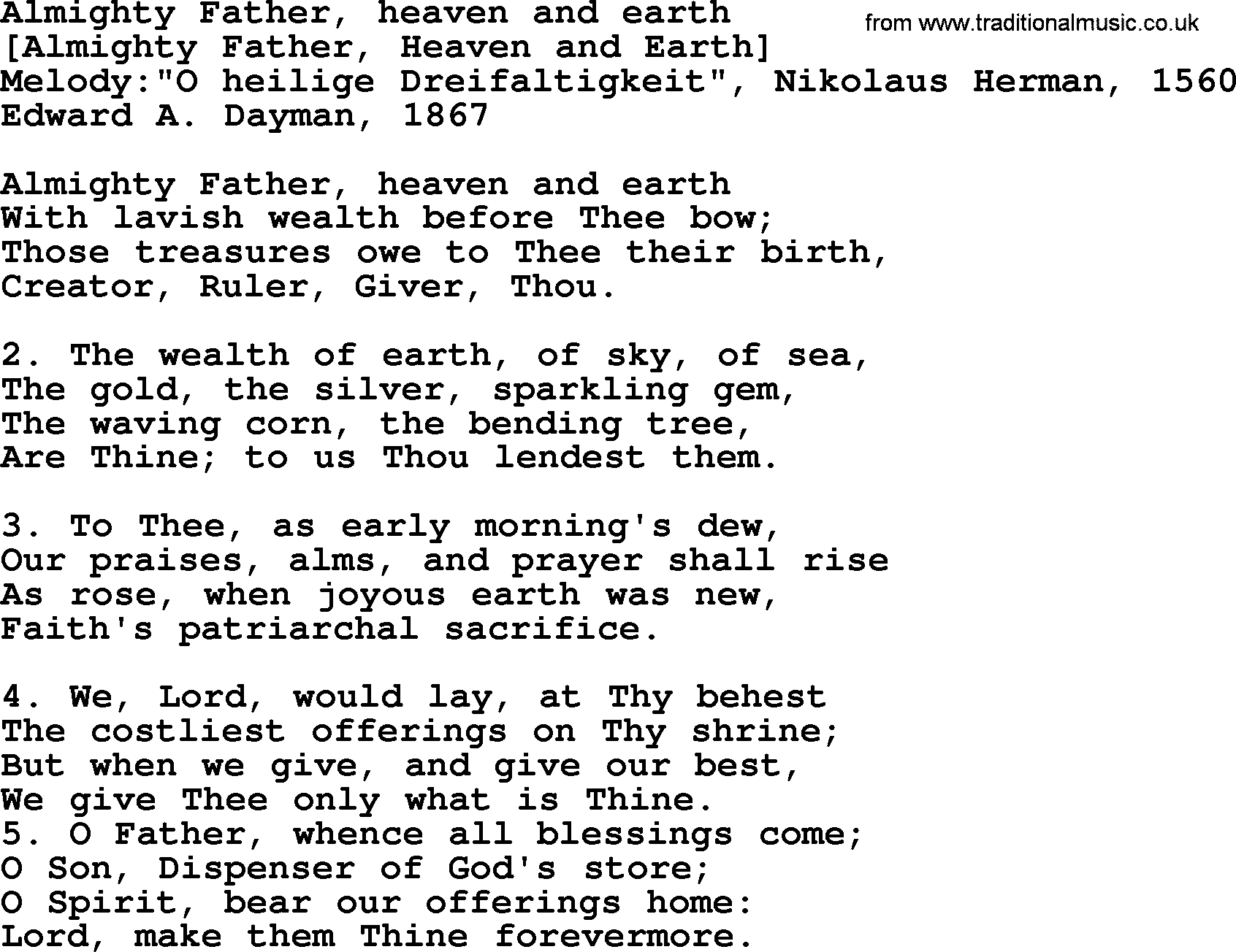 Old English Song: Almighty Father, Heaven And Earth lyrics