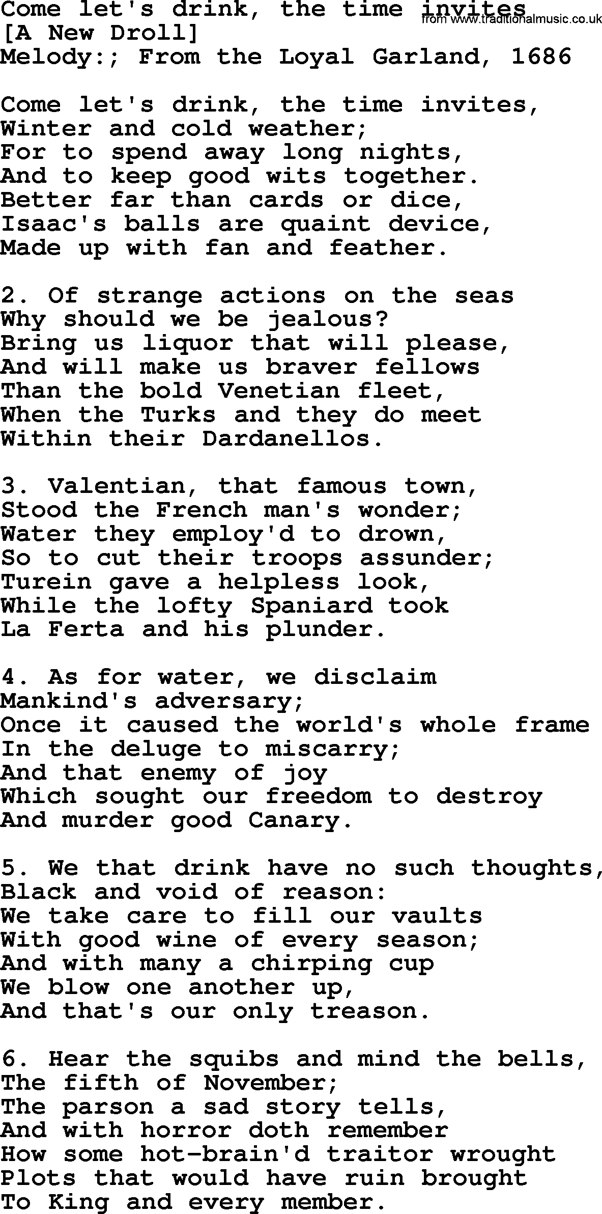 Old English Song: Come Let's Drink, The Time Invites lyrics