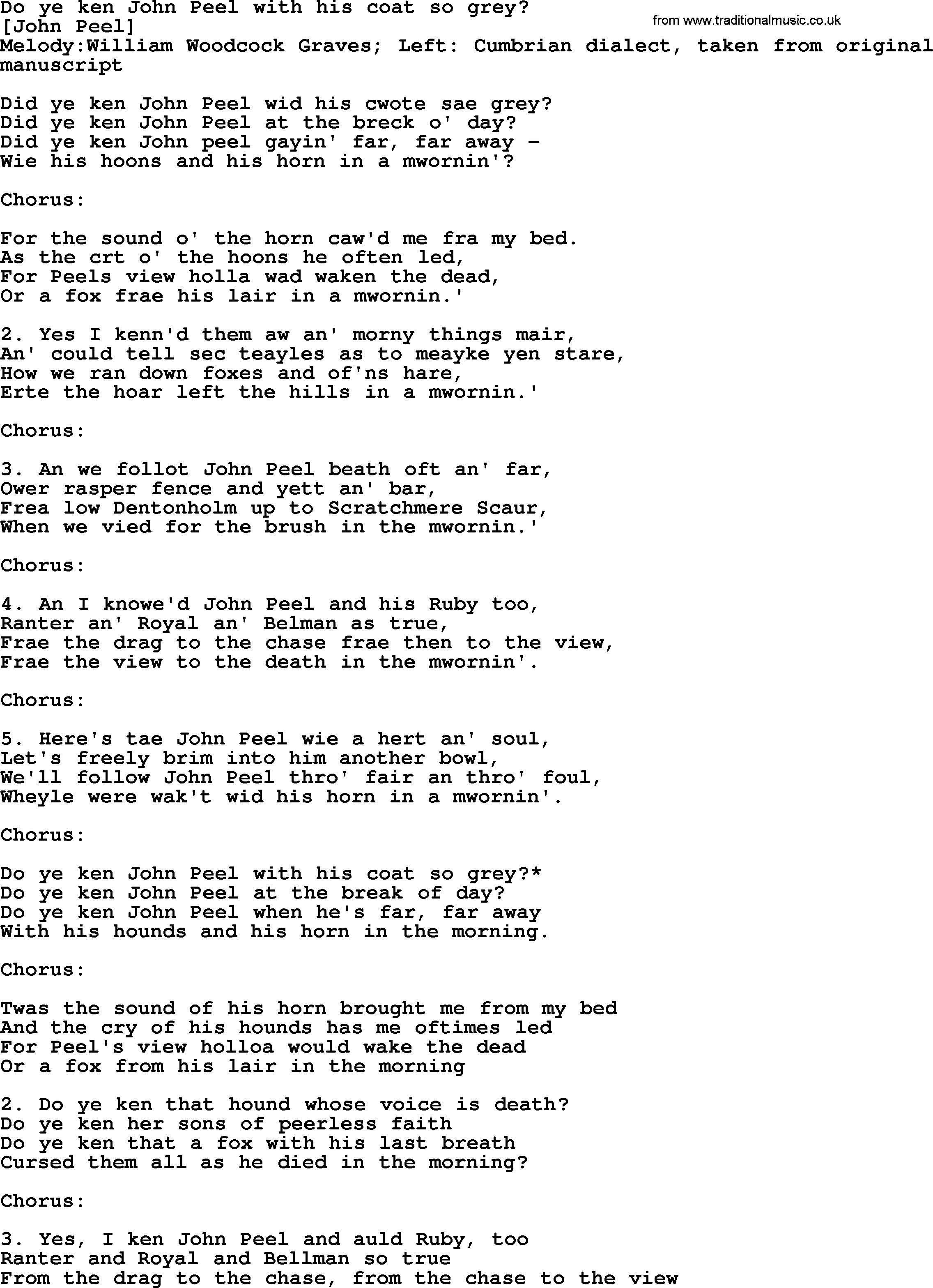 Old English Song: Do Ye Ken John Peel With His Coat So Grey lyrics