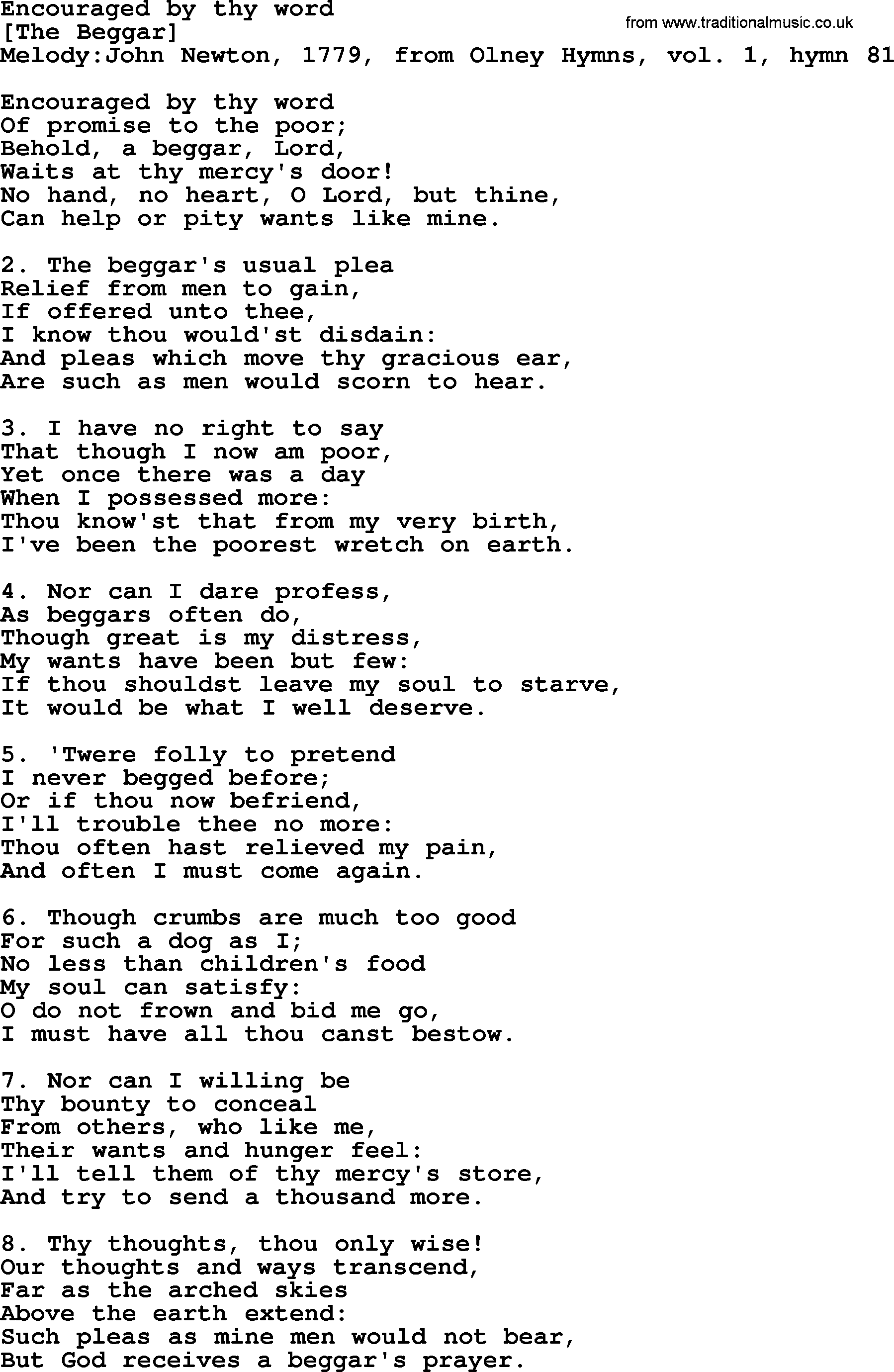 Old English Song Lyrics for Encouraged By Thy Word, with PDF