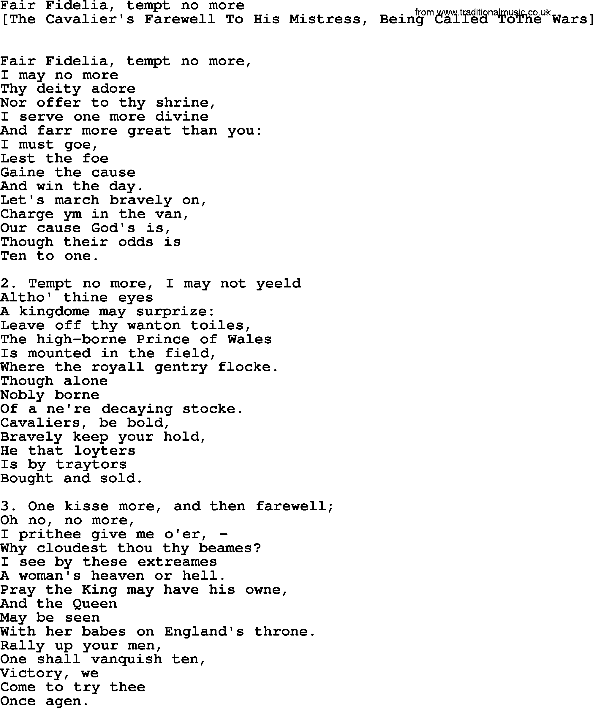 Old English Song: Fair Fidelia, Tempt No More lyrics