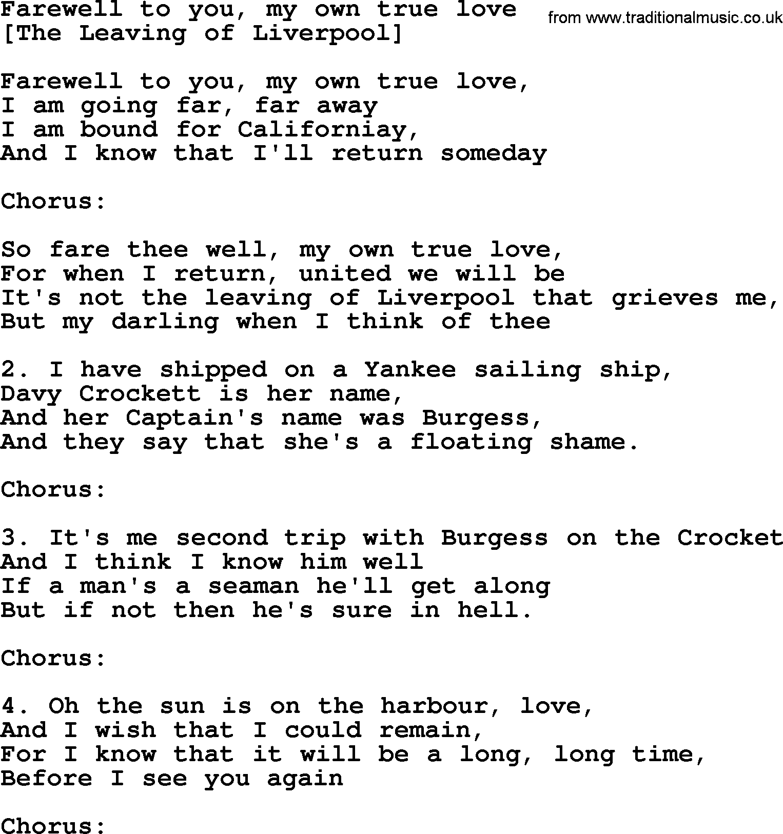 Old English Song: Farewell To You, My Own True Love lyrics