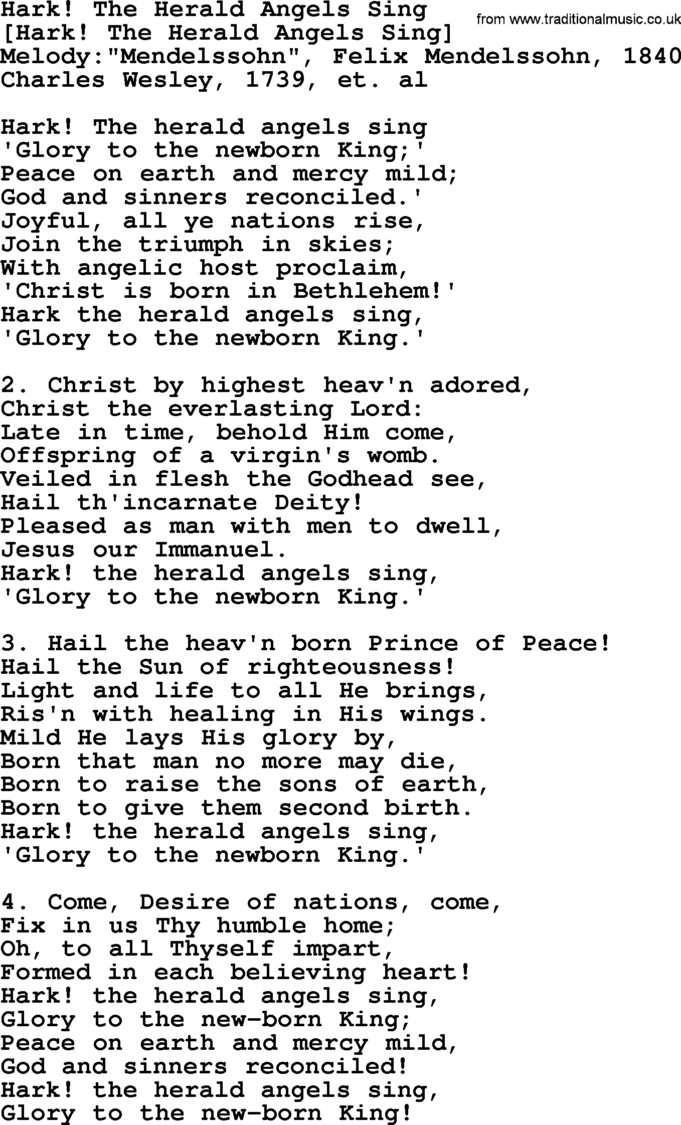 Old English Song Lyrics for Hark! The Herald Angels Sing, with PDF