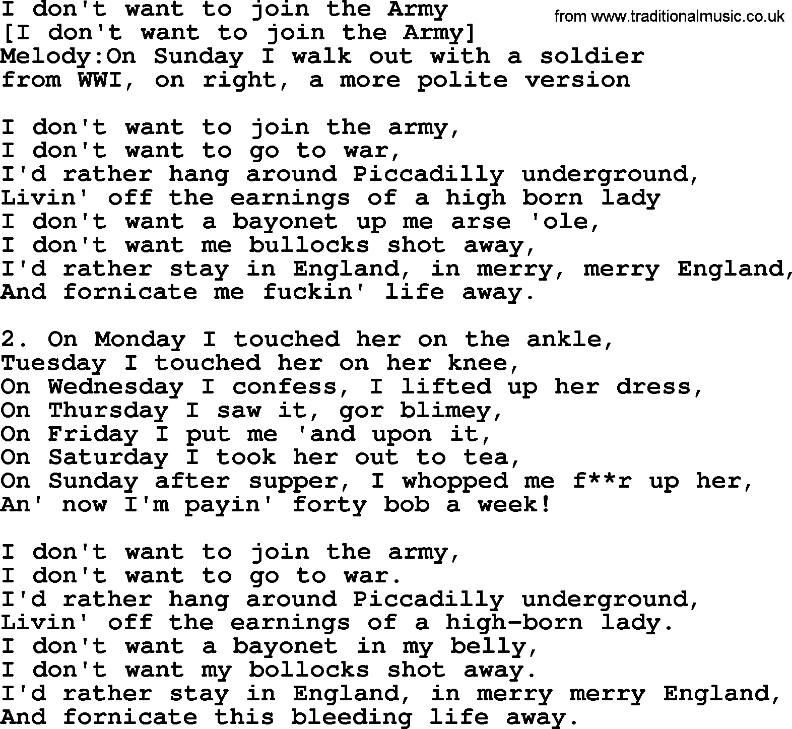 Old English Song: I Don't Want To Join The Army lyrics
