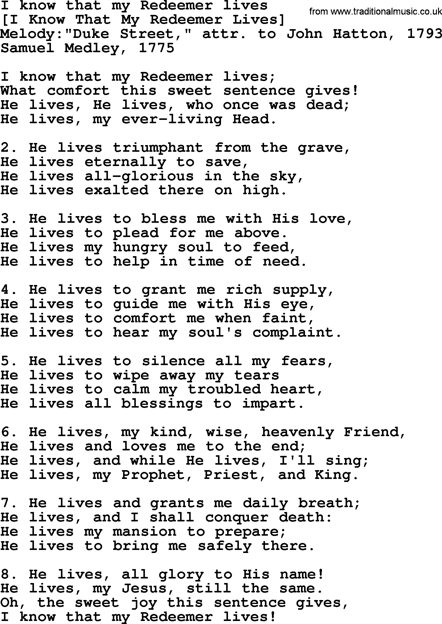 Old English Song: I Know That My Redeemer Lives lyrics