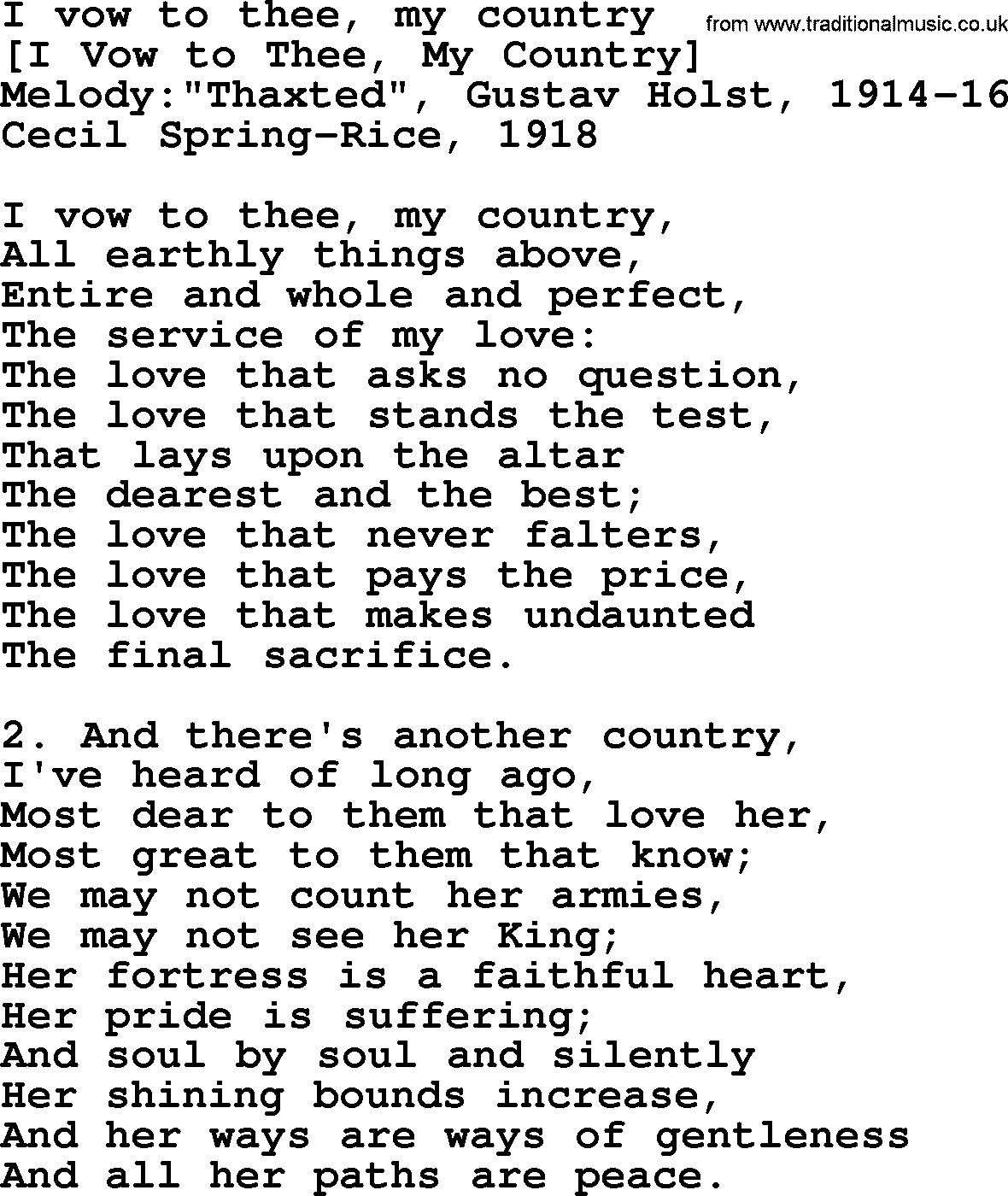Old English Song: I Vow To Thee, My Country lyrics