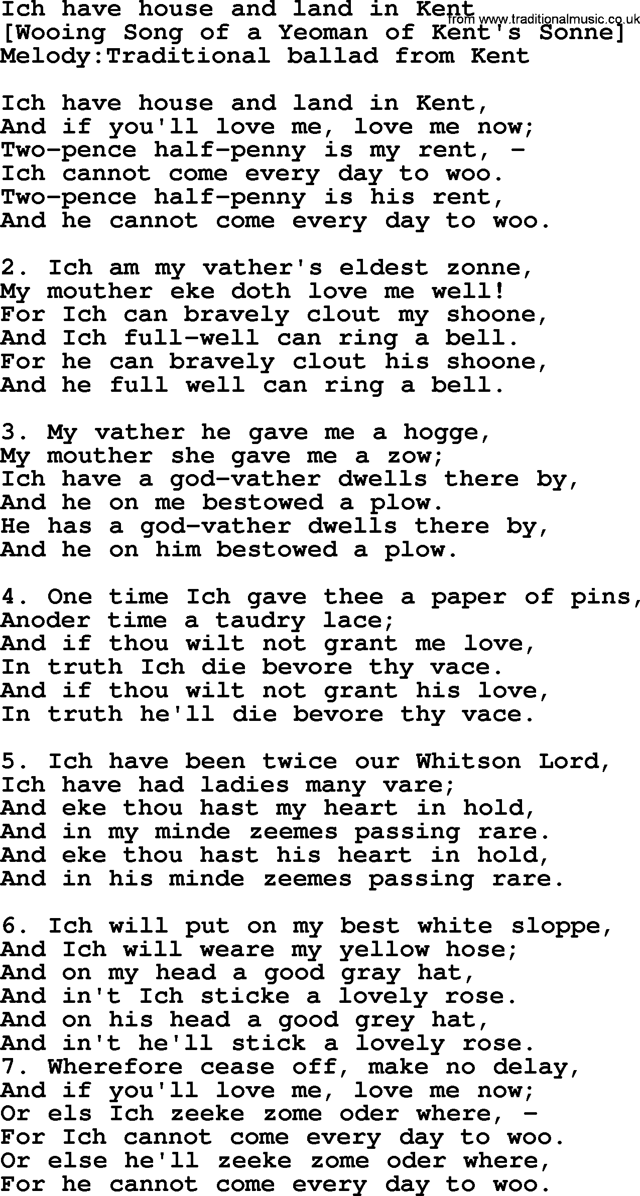 Old English Song: Ich Have House And Land In Kent lyrics