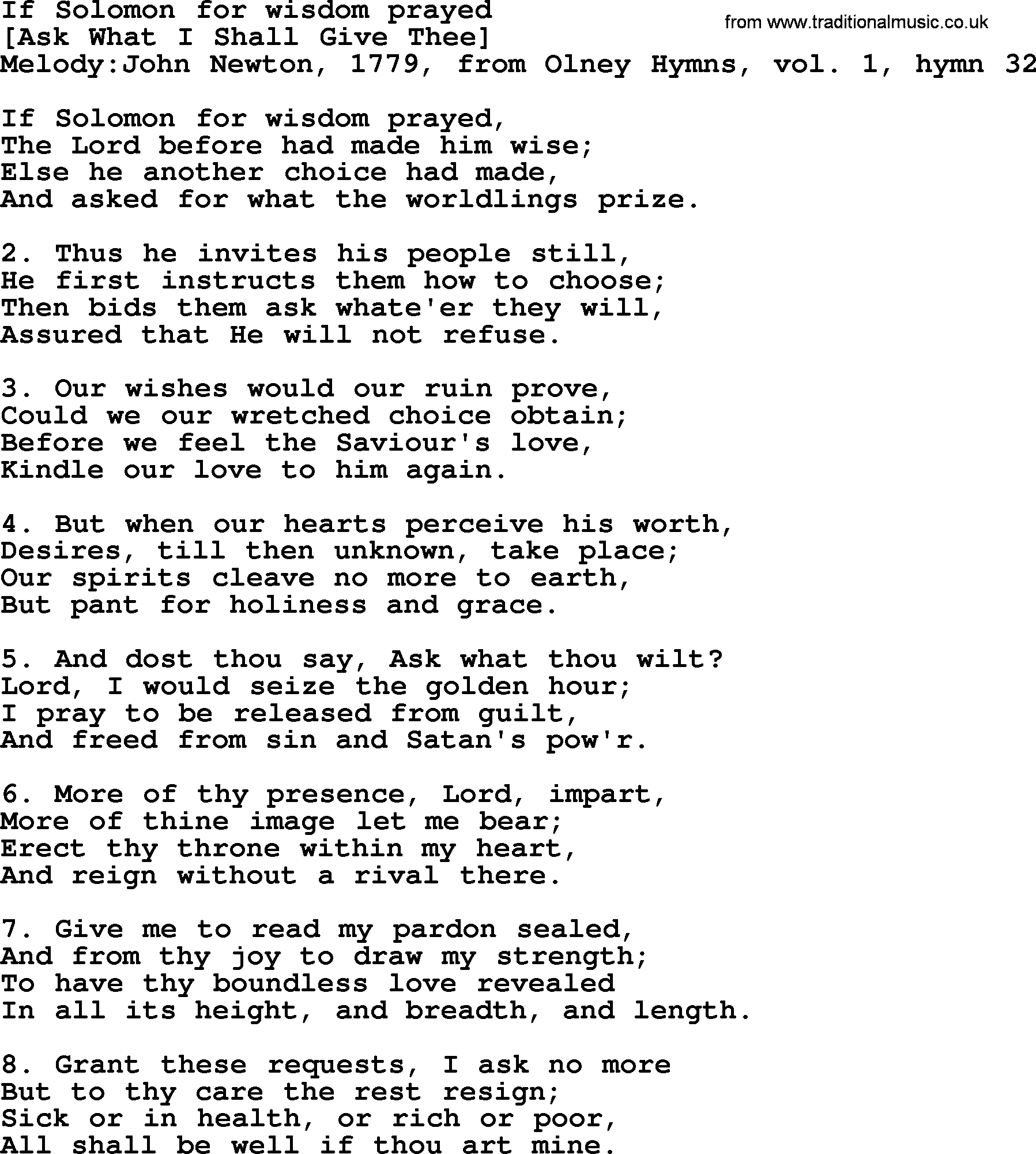 Old English Song: If Solomon For Wisdom Prayed lyrics