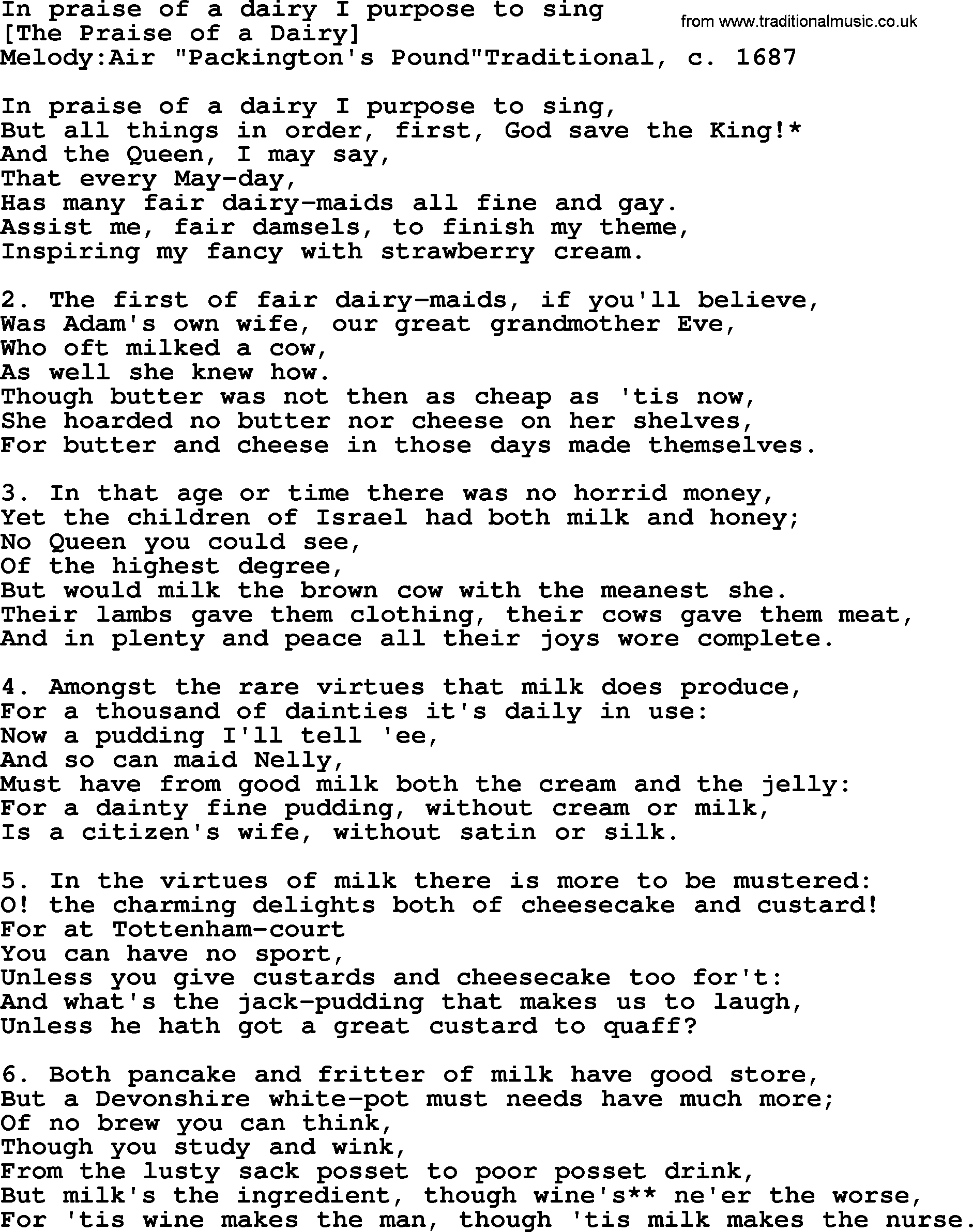 Old English Song: In Praise Of A Dairy I Purpose To Sing lyrics