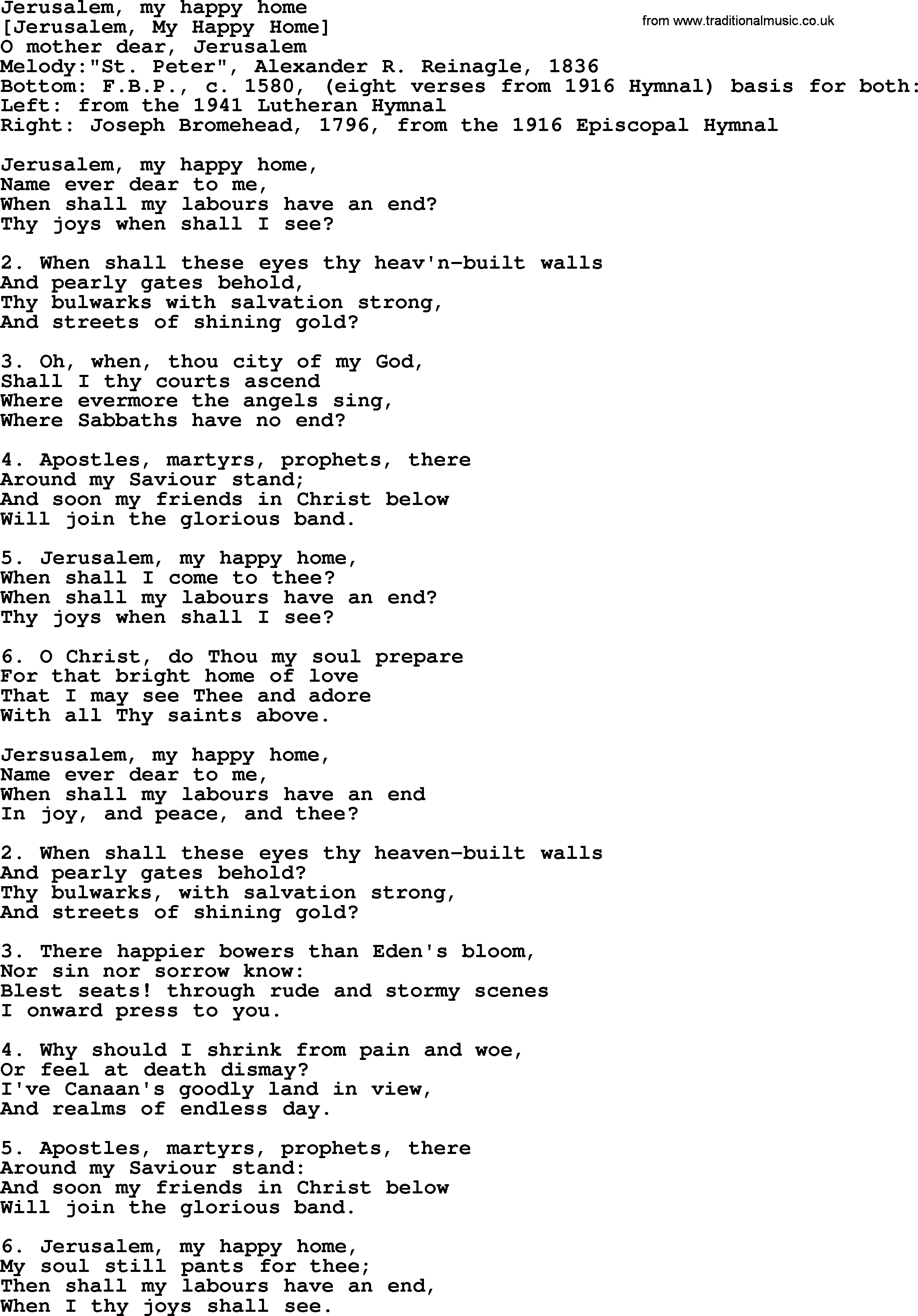 Old English Song: Jerusalem, My Happy Home lyrics