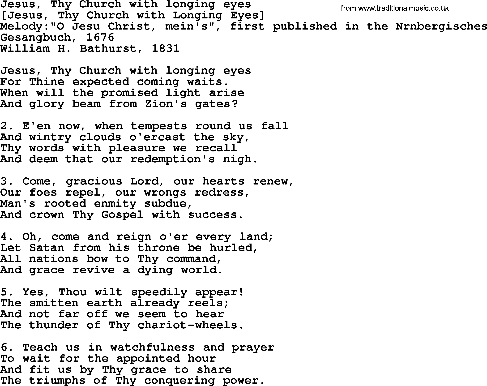 Old English Song: Jesus, Thy Church With Longing Eyes lyrics