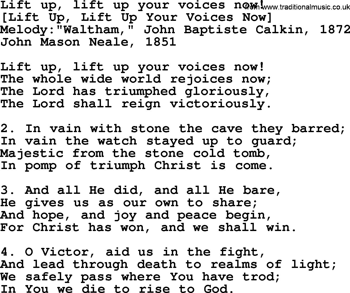 Old English Song: Lift Up, Lift Up Your Voices Now! lyrics