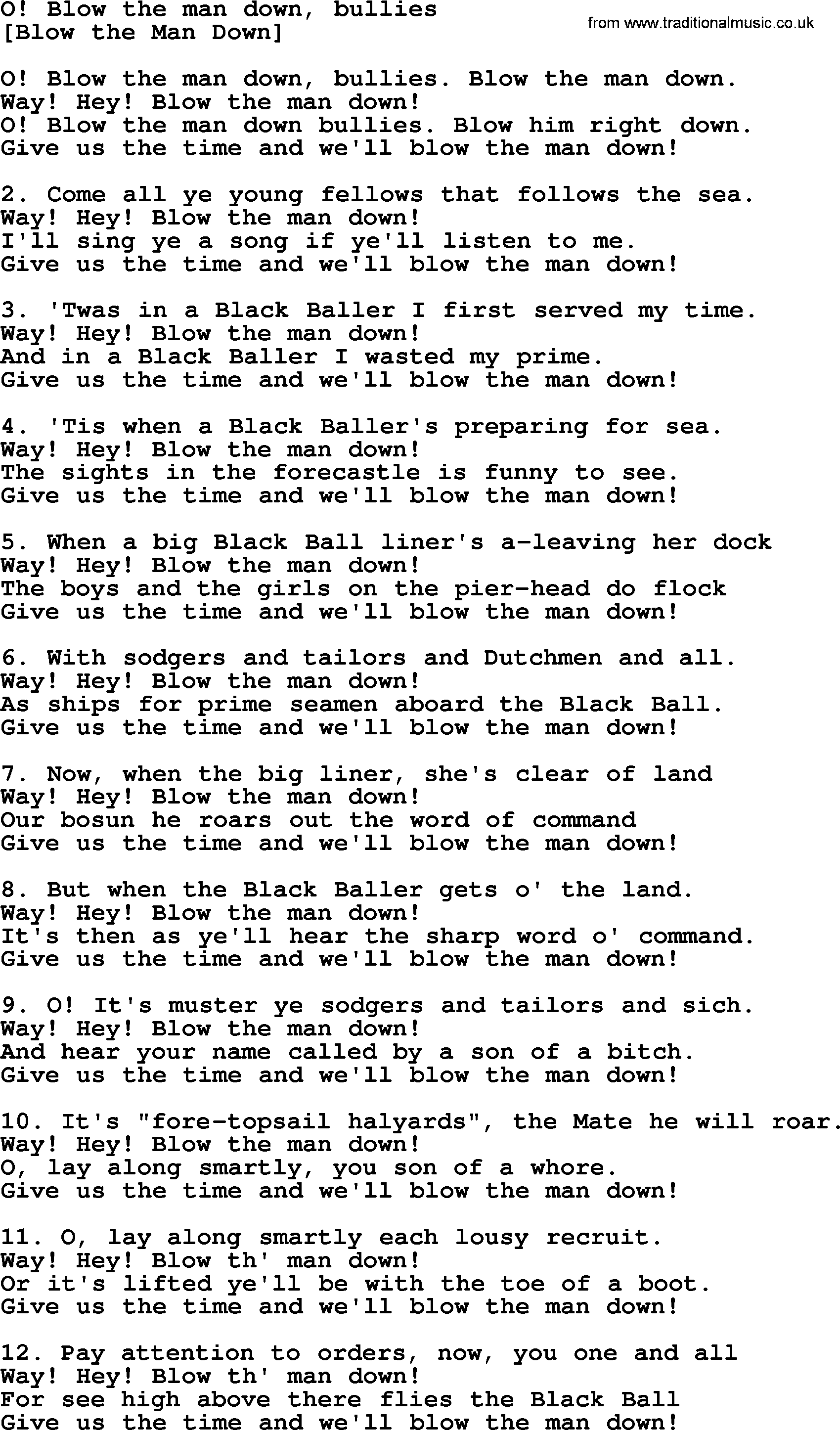Old English Song Lyrics for O! Blow The Man Down, Bullies, with PDF