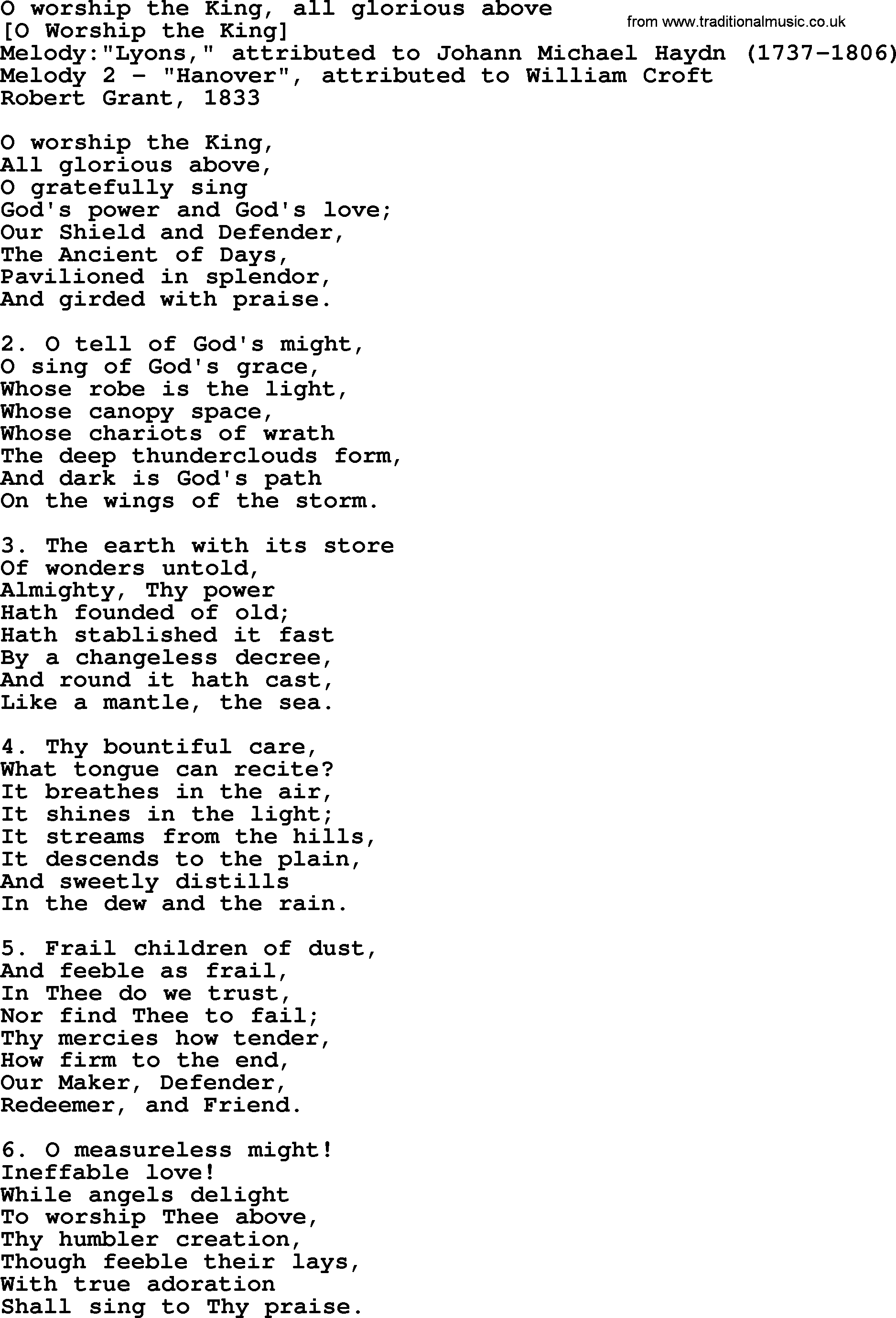 Old English Song: O Worship The King, All Glorious Above lyrics