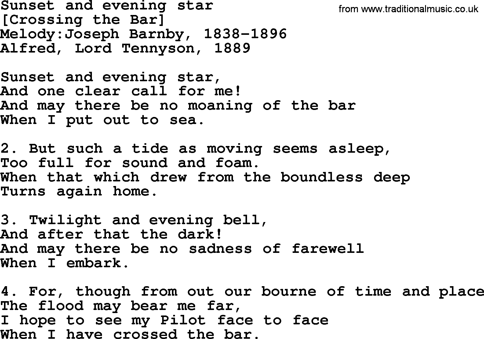Old English Song: Sunset And Evening Star lyrics