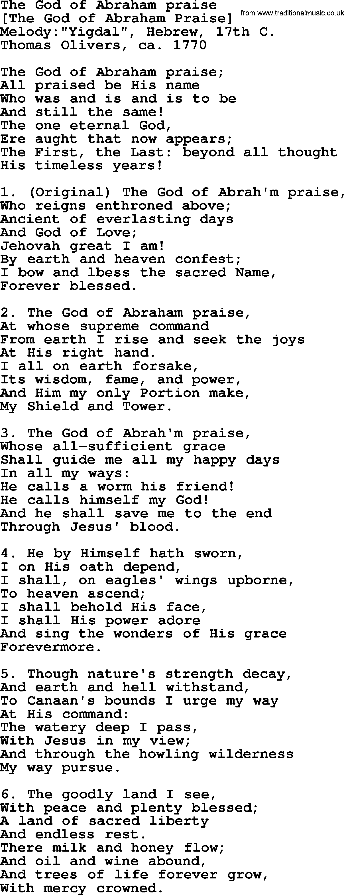 Old English Song: The God Of Abraham Praise lyrics