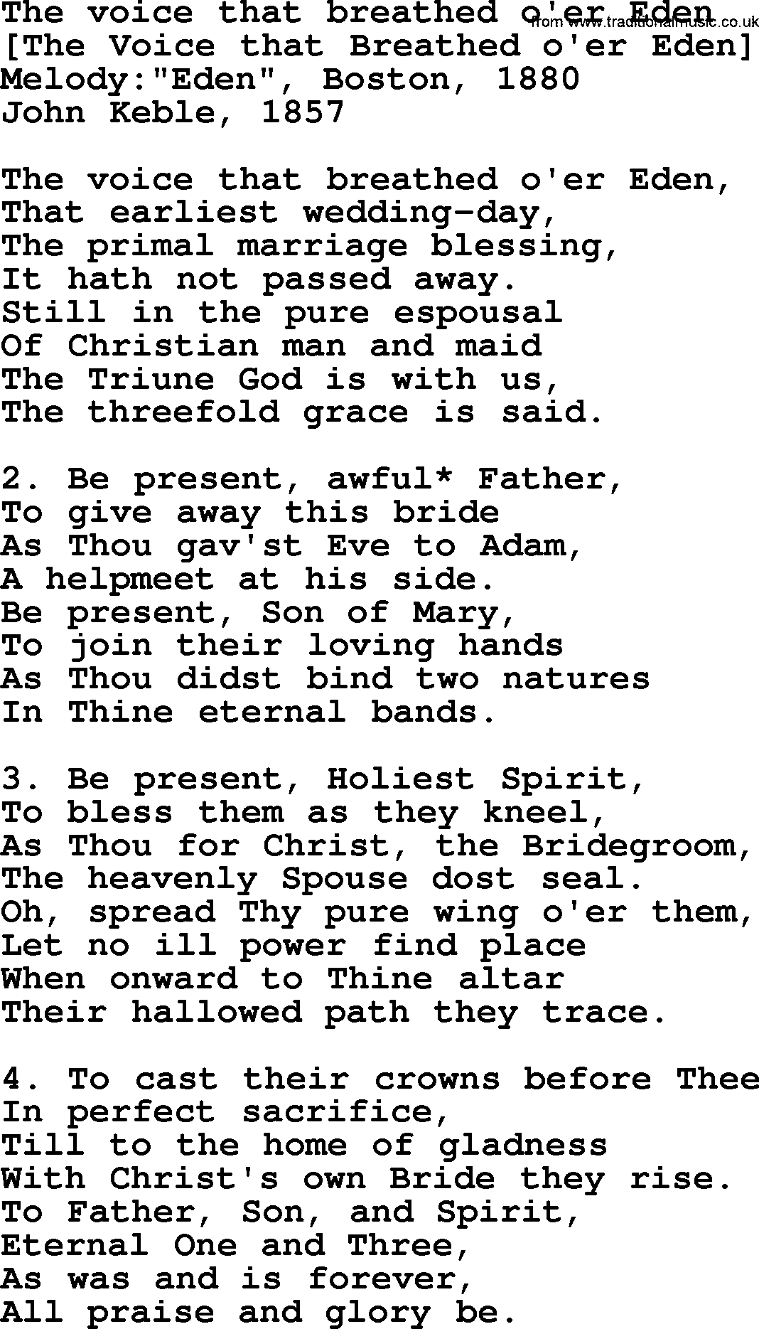 Old English Song: The Voice That Breathed O'er Eden lyrics