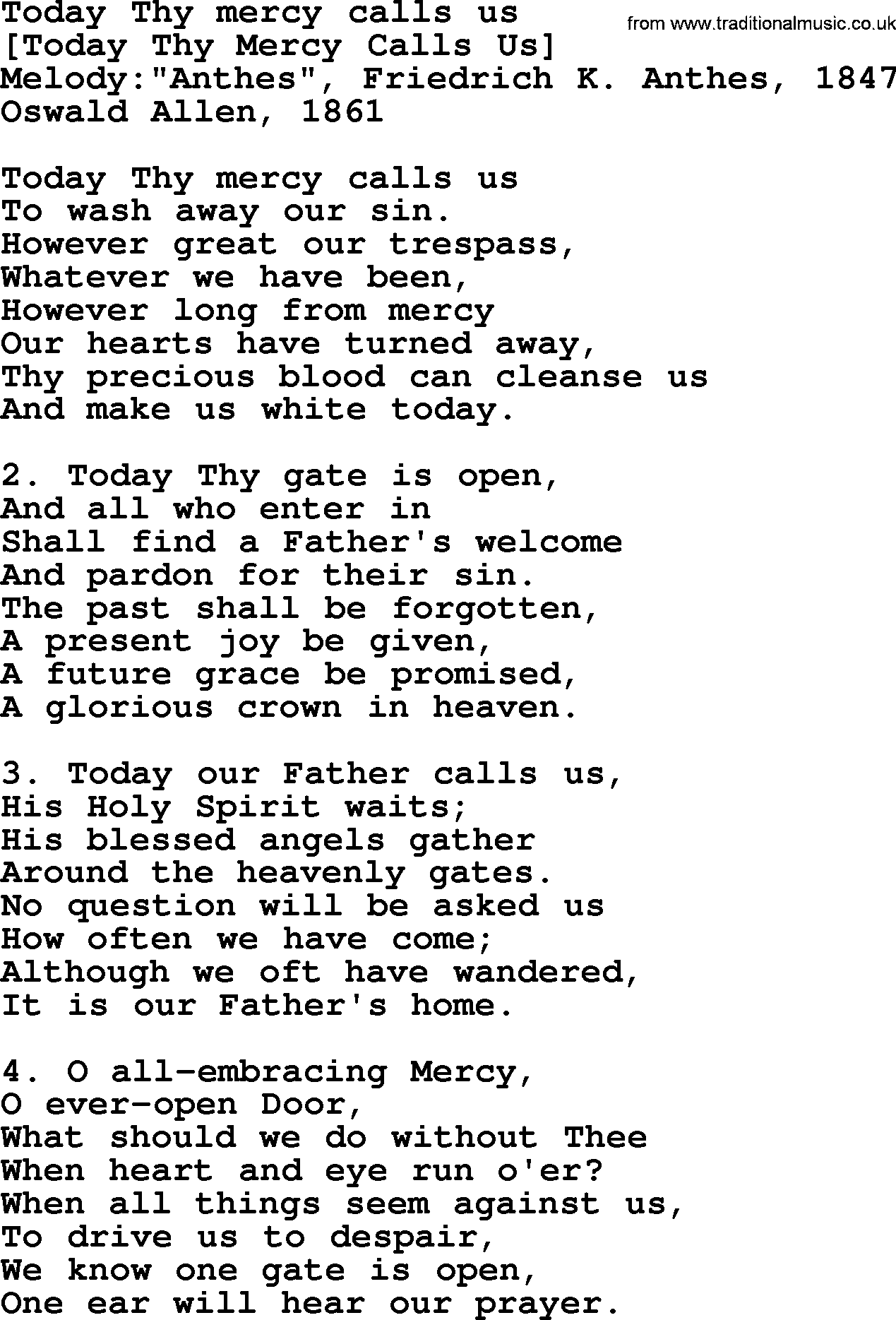 Old English Song: Today Thy Mercy Calls Us lyrics