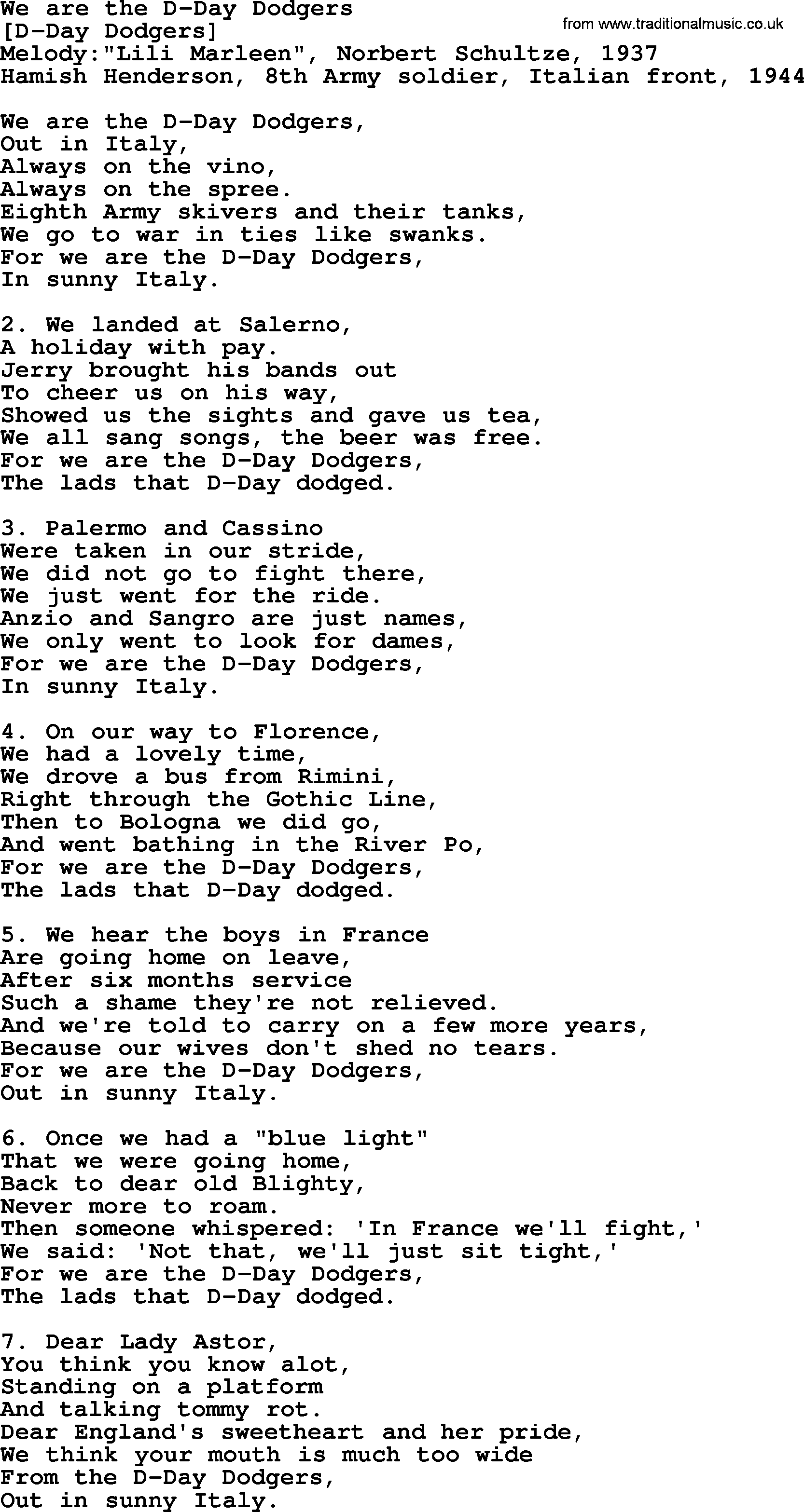 Old English Song: We Are The D-Day Dodgers lyrics