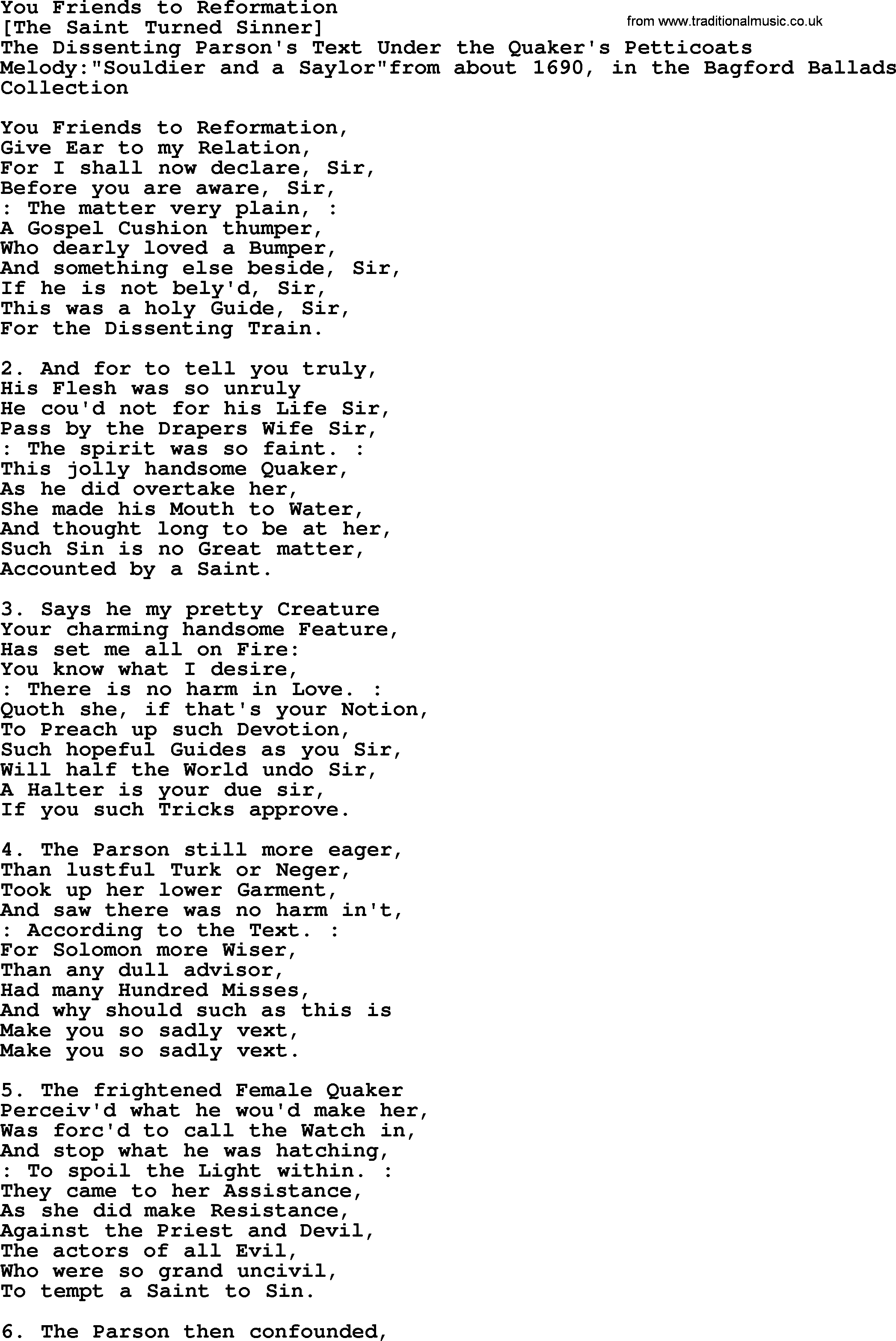 Old English Song: You Friends To Reformation lyrics