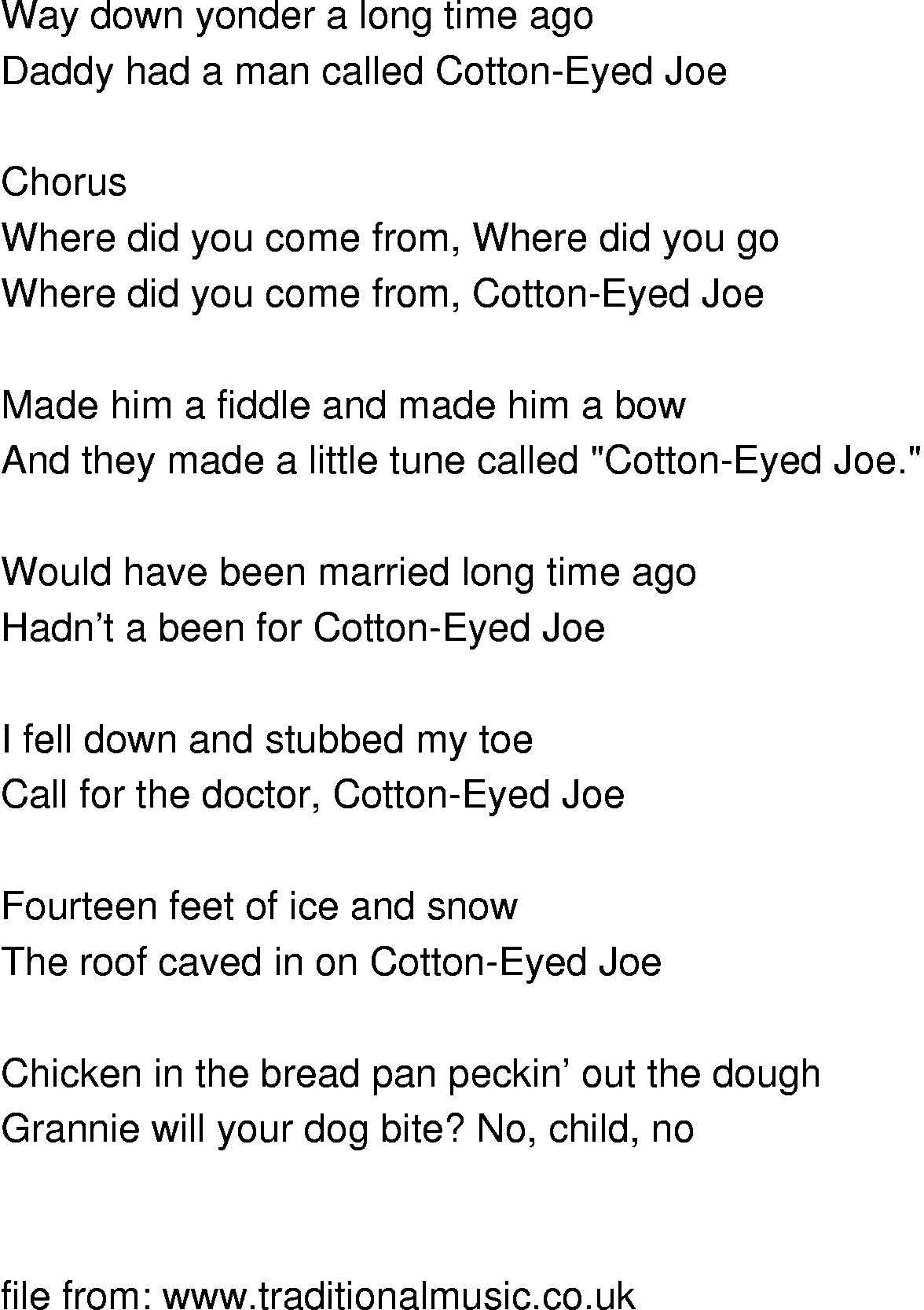 Old-Time (oldtimey) Song Lyrics - cotton eyed joe
