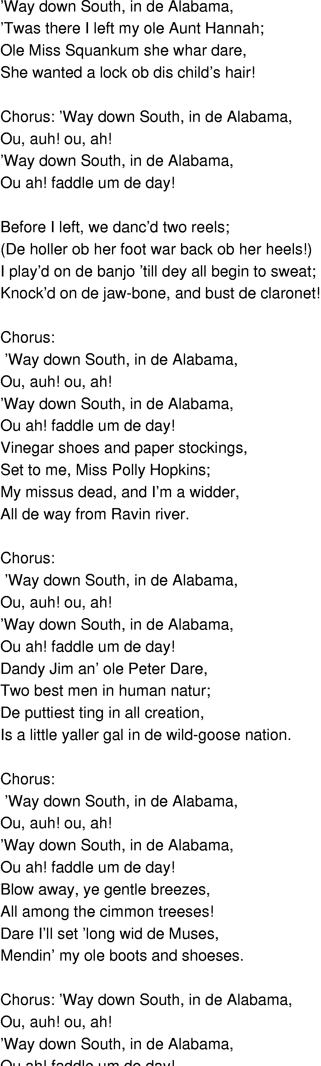Old-Time (oldtimey) Song Lyrics - down in alabam