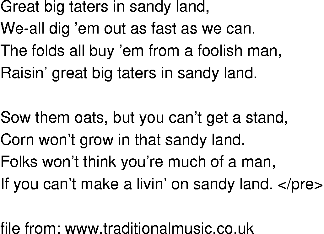 Old-Time (oldtimey) Song Lyrics - great big taters in sandy land