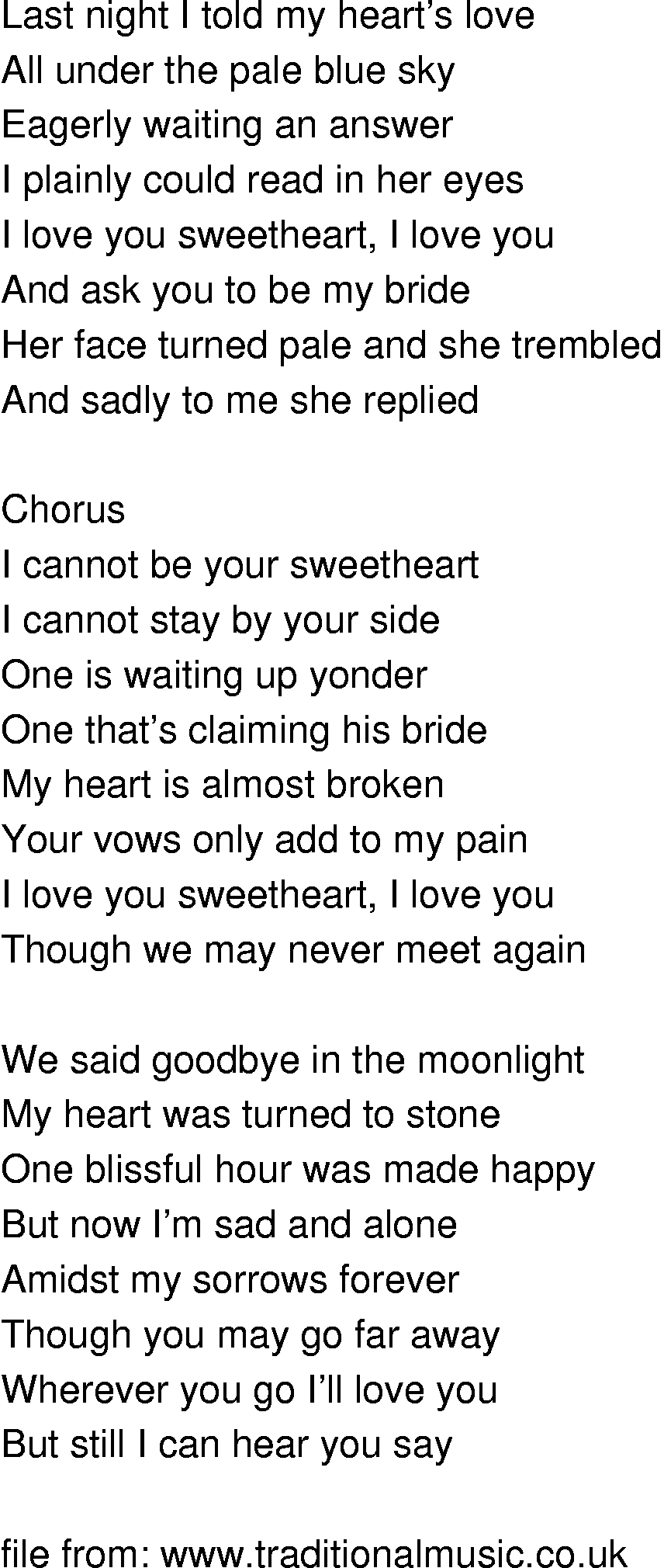 Old-Time (oldtimey) Song Lyrics - i cannot be your sweetheart