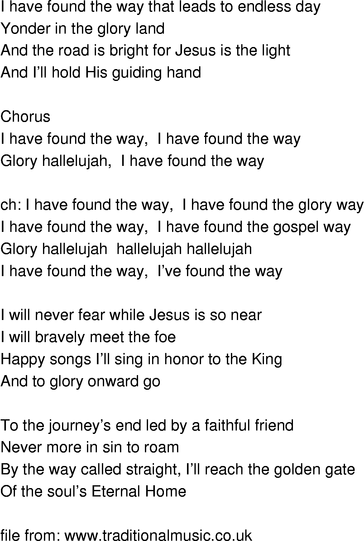 Old-Time Song Lyrics - I Have Found The Way