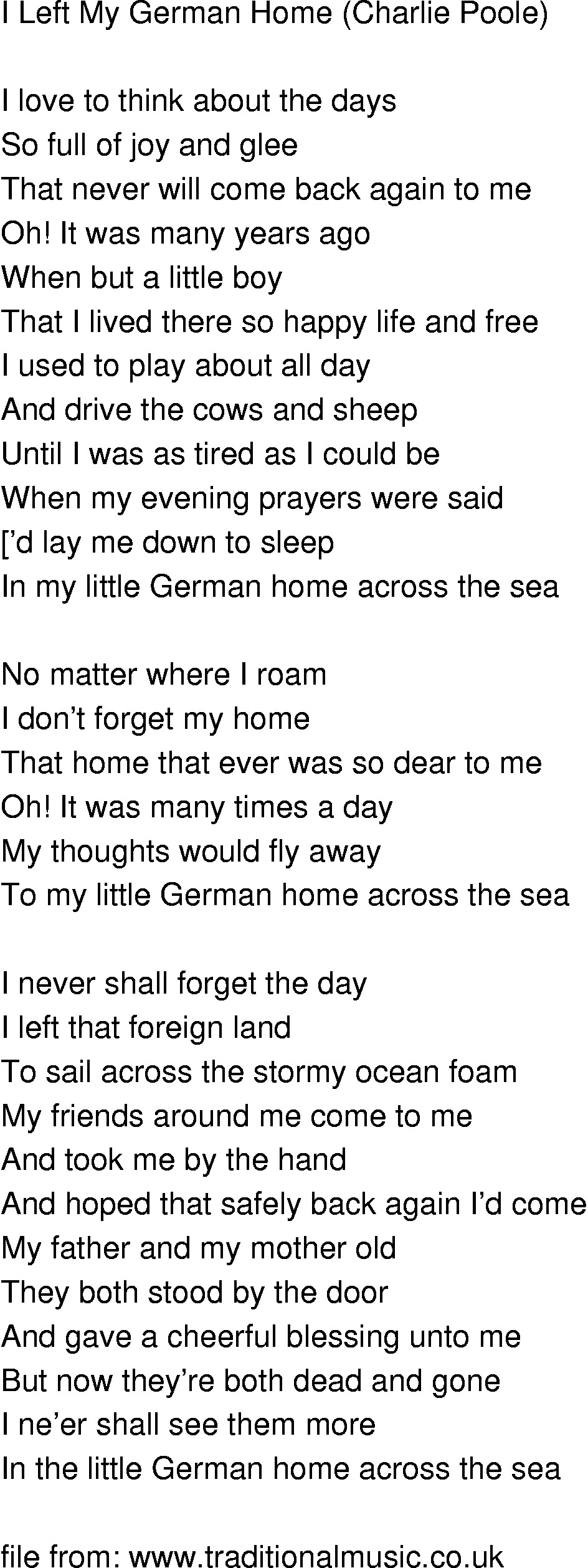 Old-Time (oldtimey) Song Lyrics - i left my german home