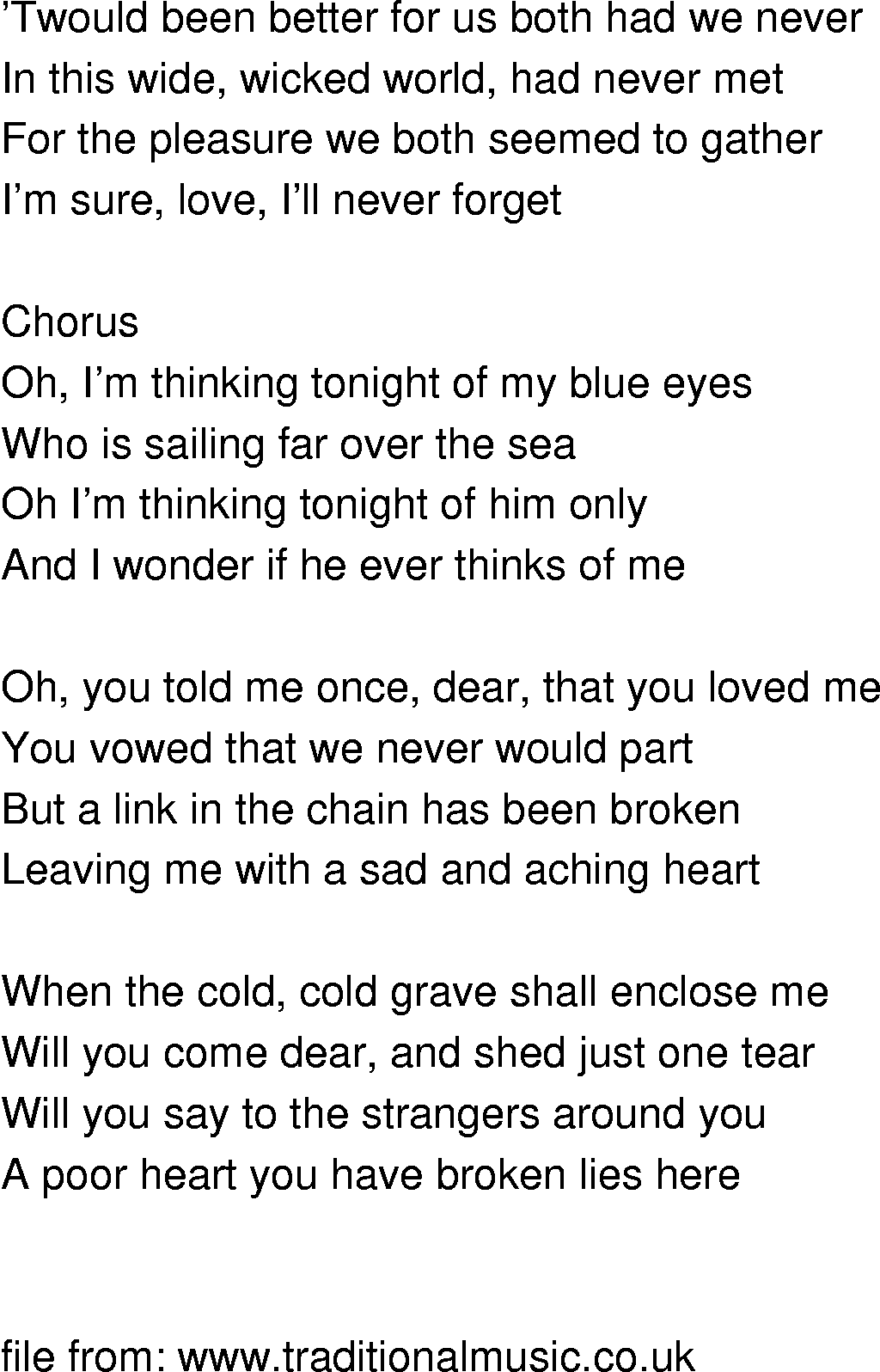 Old-Time (oldtimey) Song Lyrics - im thinking tonight of my blue eyes