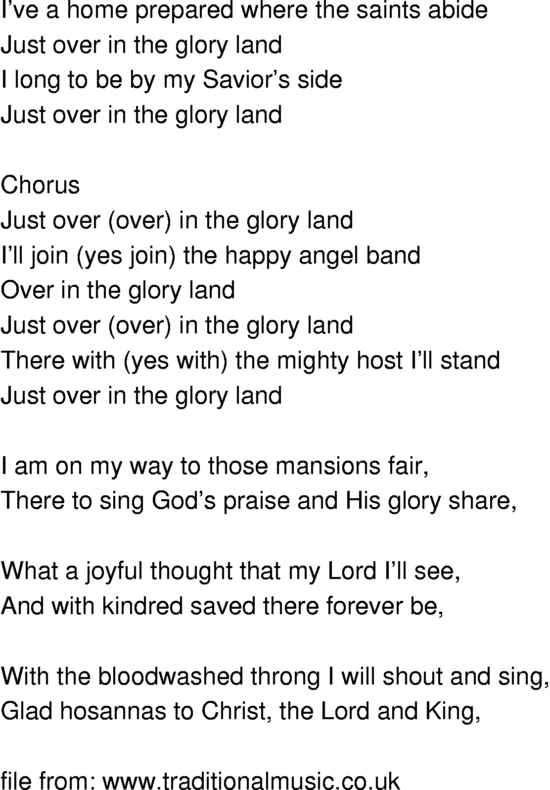 Old-Time (oldtimey) Song Lyrics - just over in the glory land