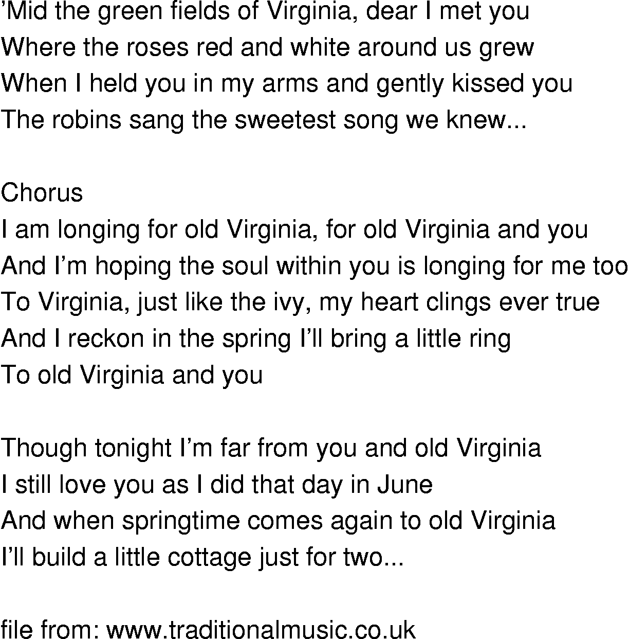Old-Time (oldtimey) Song Lyrics - longing for old virginia