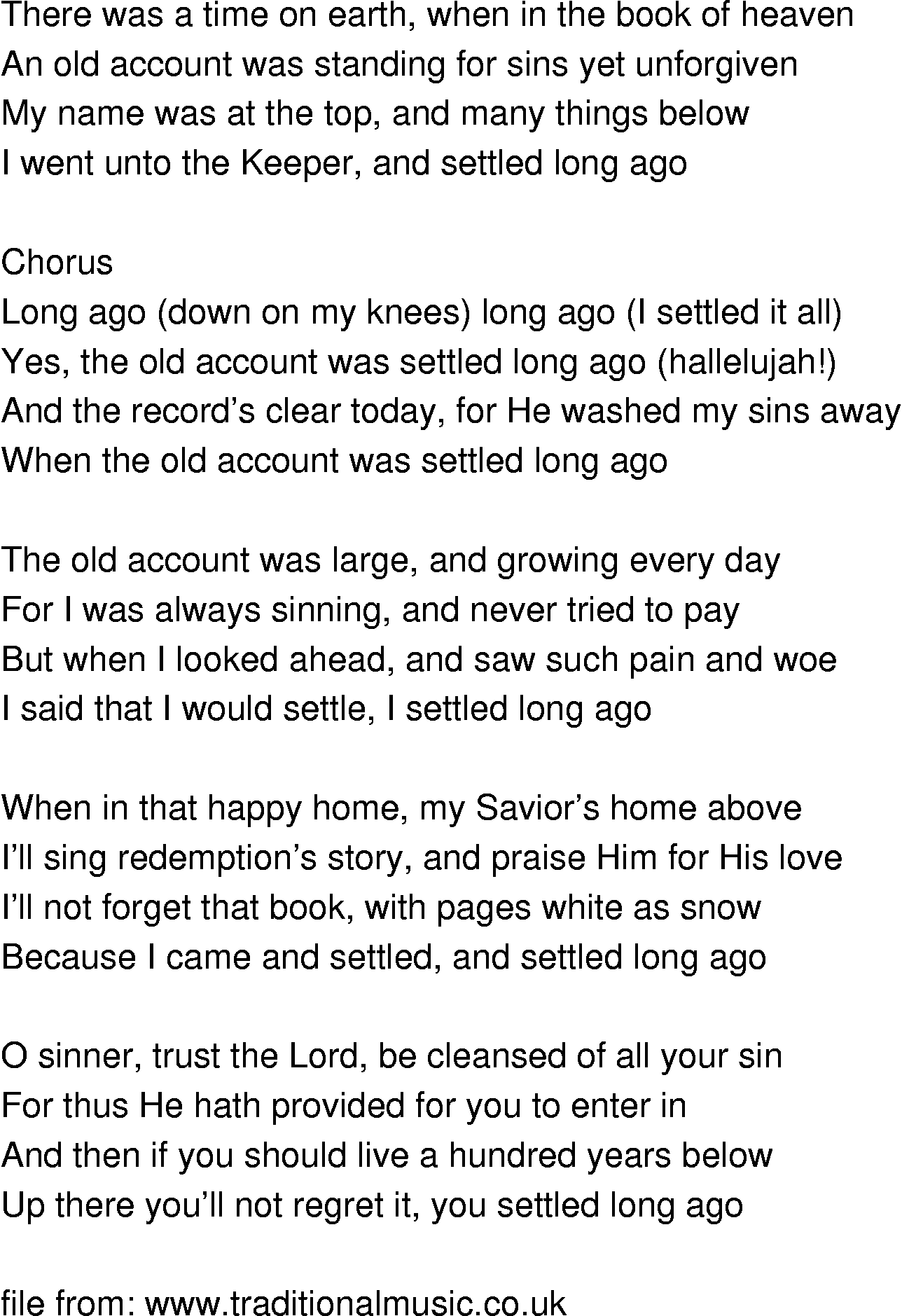 Old-Time (oldtimey) Song Lyrics - old account settled