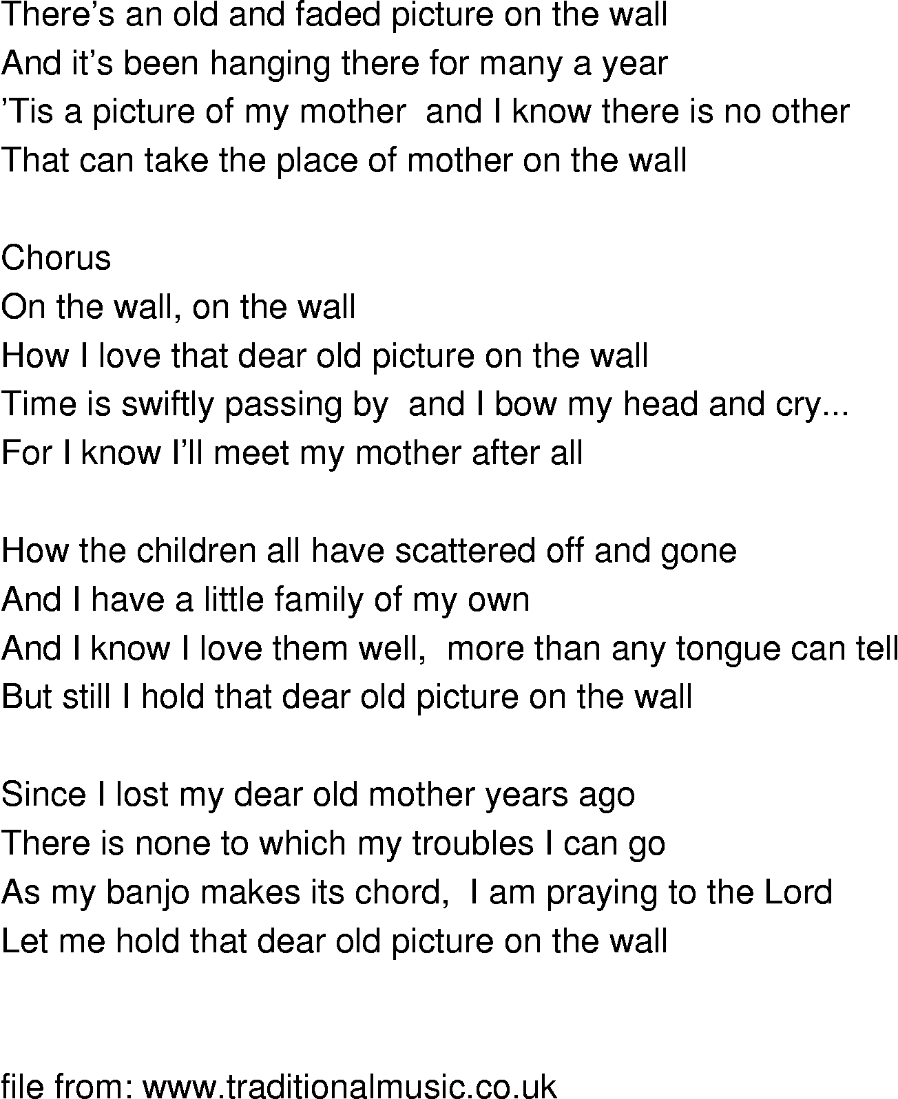 OldTime Song Lyrics Picture On The Wall OldTime Song Lyrics Picture On The Wall