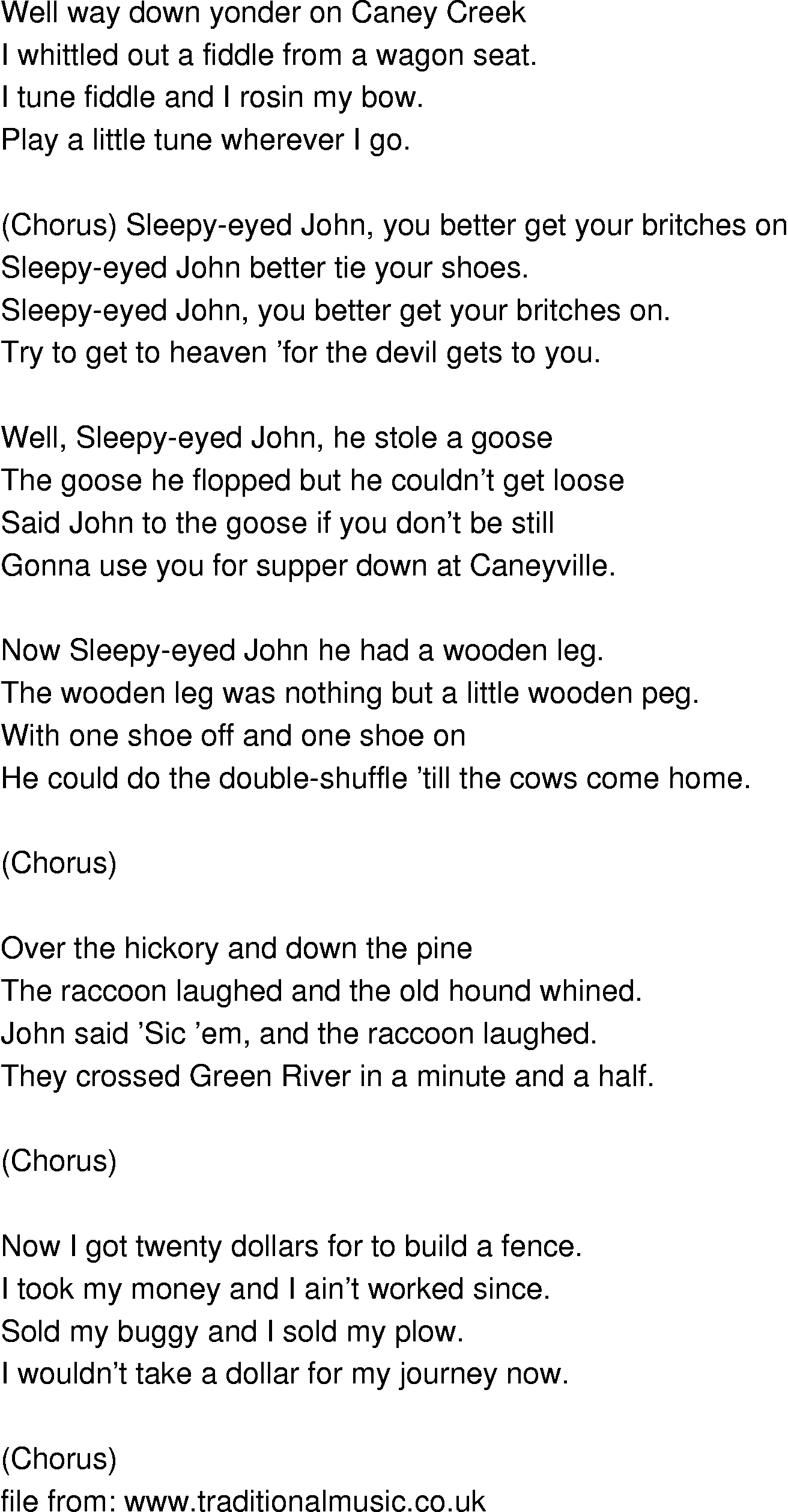 Old-Time (oldtimey) Song Lyrics - sleepy eyed john