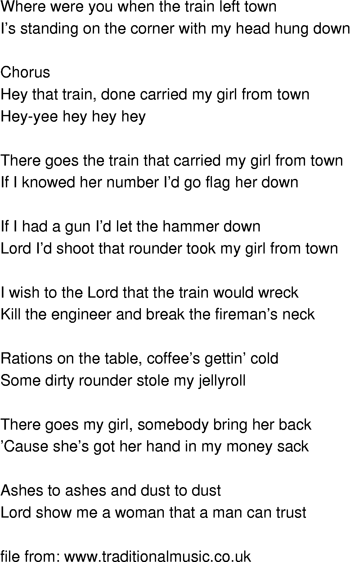 Old-Time (oldtimey) Song Lyrics - train that carried my girl from town
