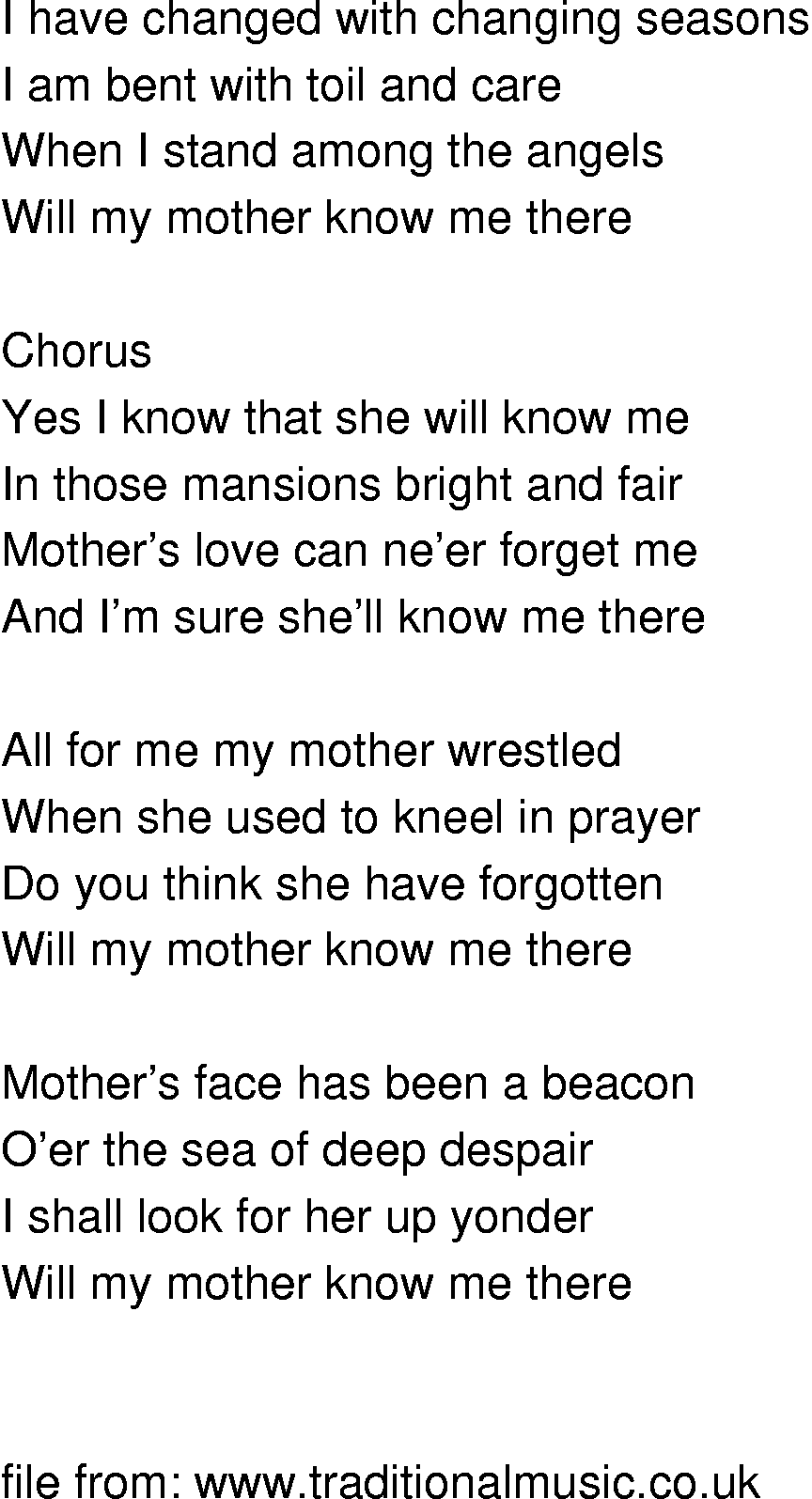 Old-Time (oldtimey) Song Lyrics - will my mother know me there