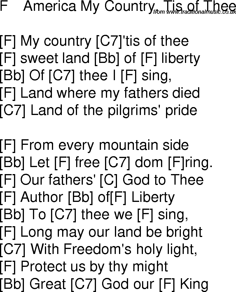 Old time song lyrics with chords for America My Country Tis Of Thee F