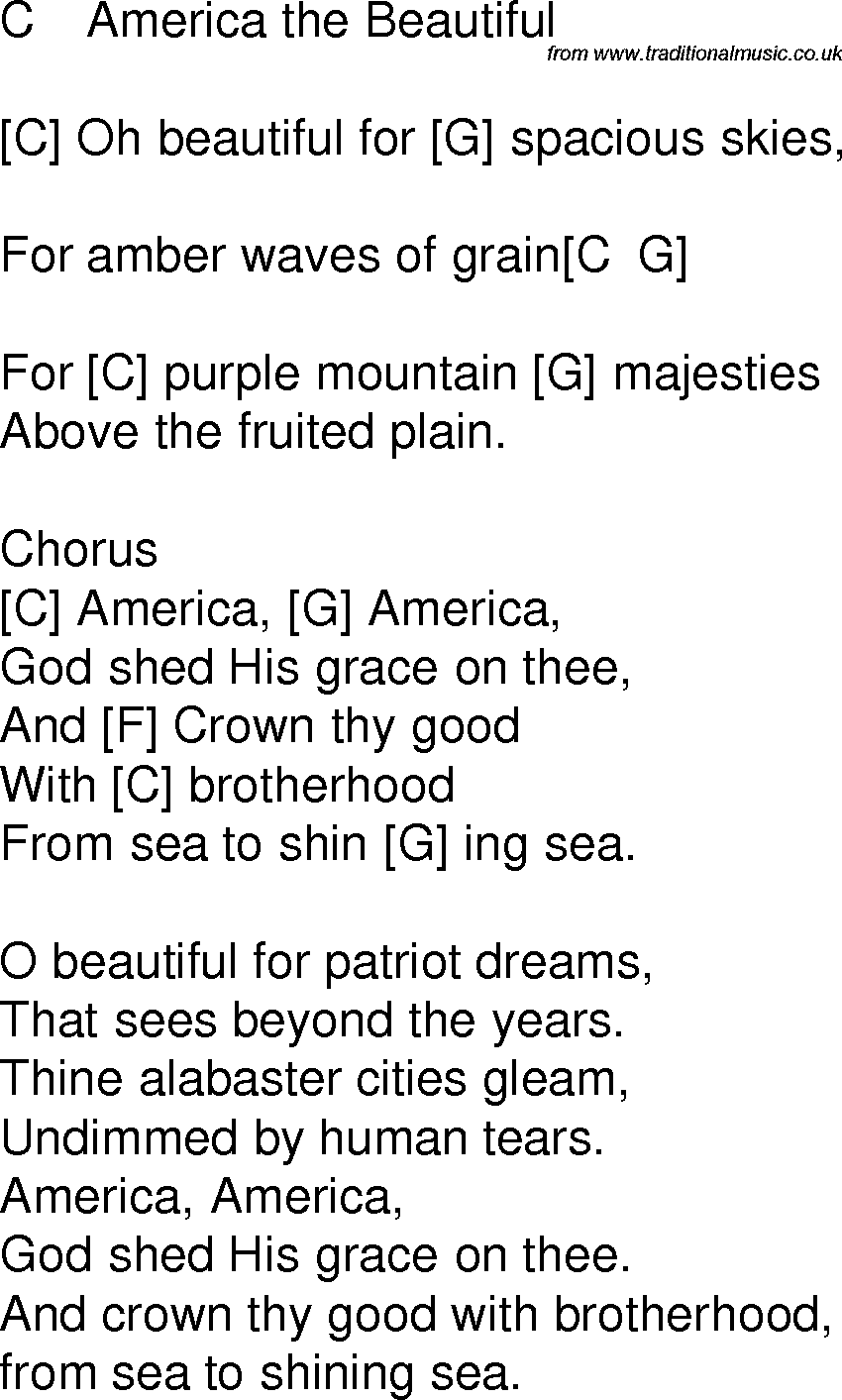 Old time song lyrics with chords for America The Beautiful C